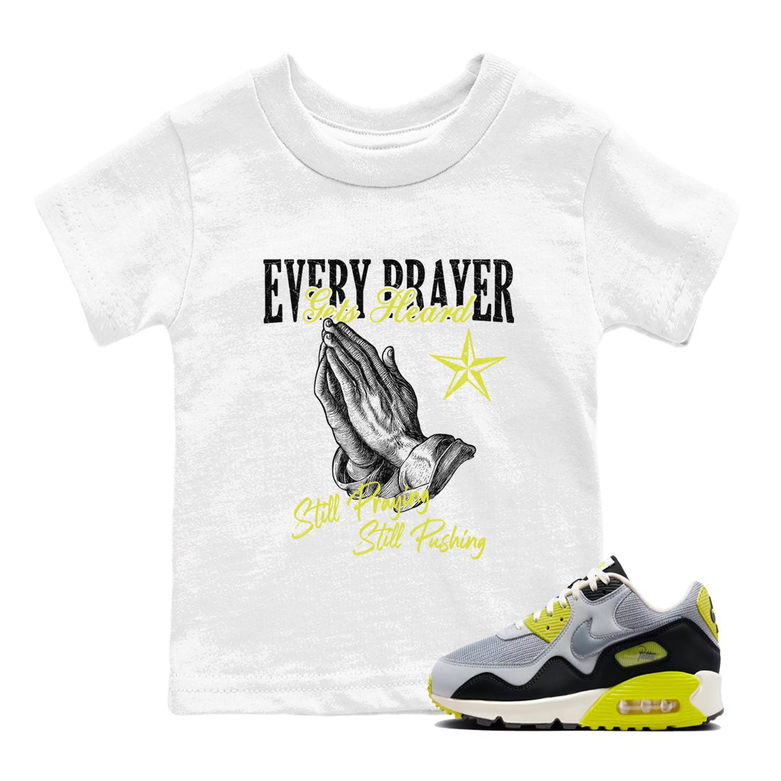 Every Prayer Gets Heard baby and kids t-shirt crafted for little sneakerheads to shine with the Air Max 90 Cyber sneakers, displayed in White 1.