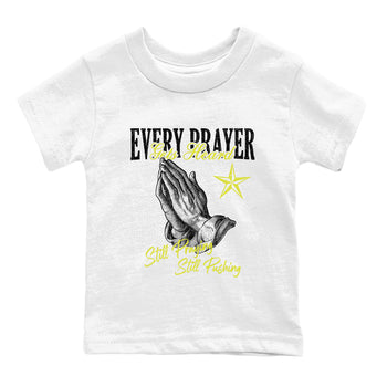 Every Prayer Gets Heard baby and kids t-shirt crafted for little sneakerheads to shine with the Air Max 90 Cyber sneakers, displayed in White 2.