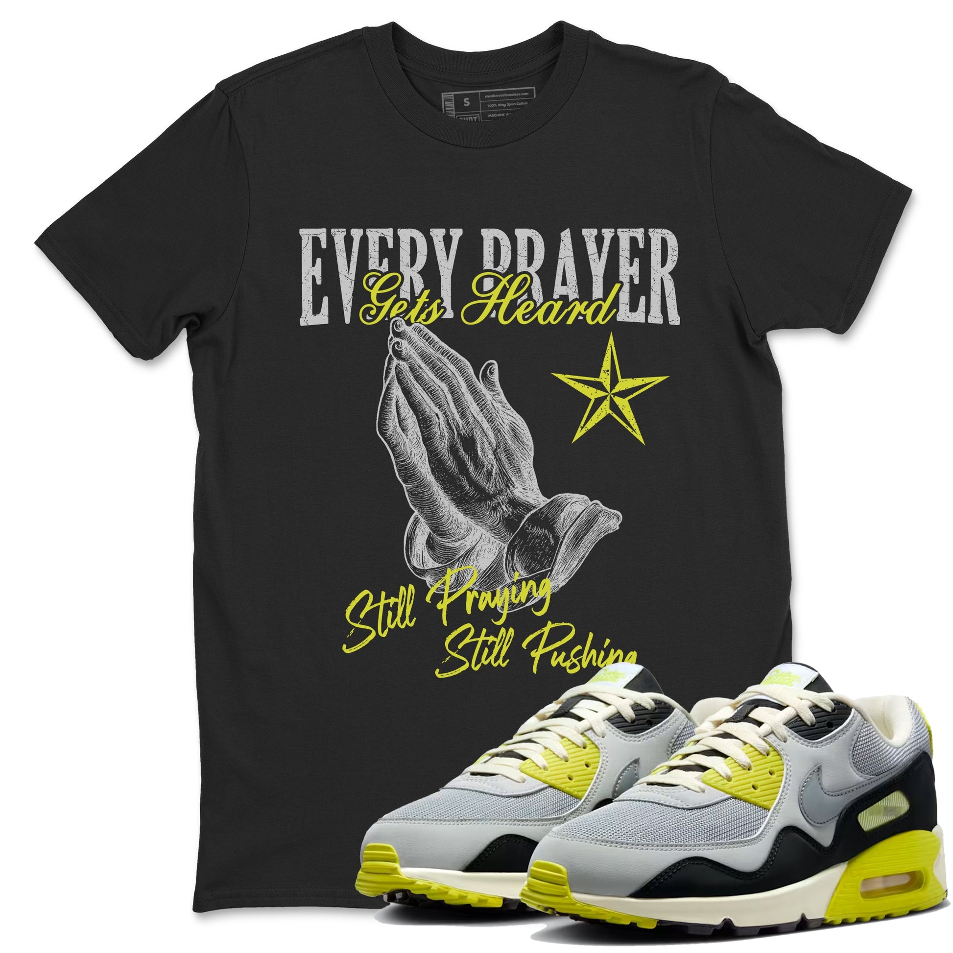 Every Prayer Gets Heard sneaker match t-shirt styled to complete your fit with the Air Max 90 Cyber sneakers, shown in Black 1.