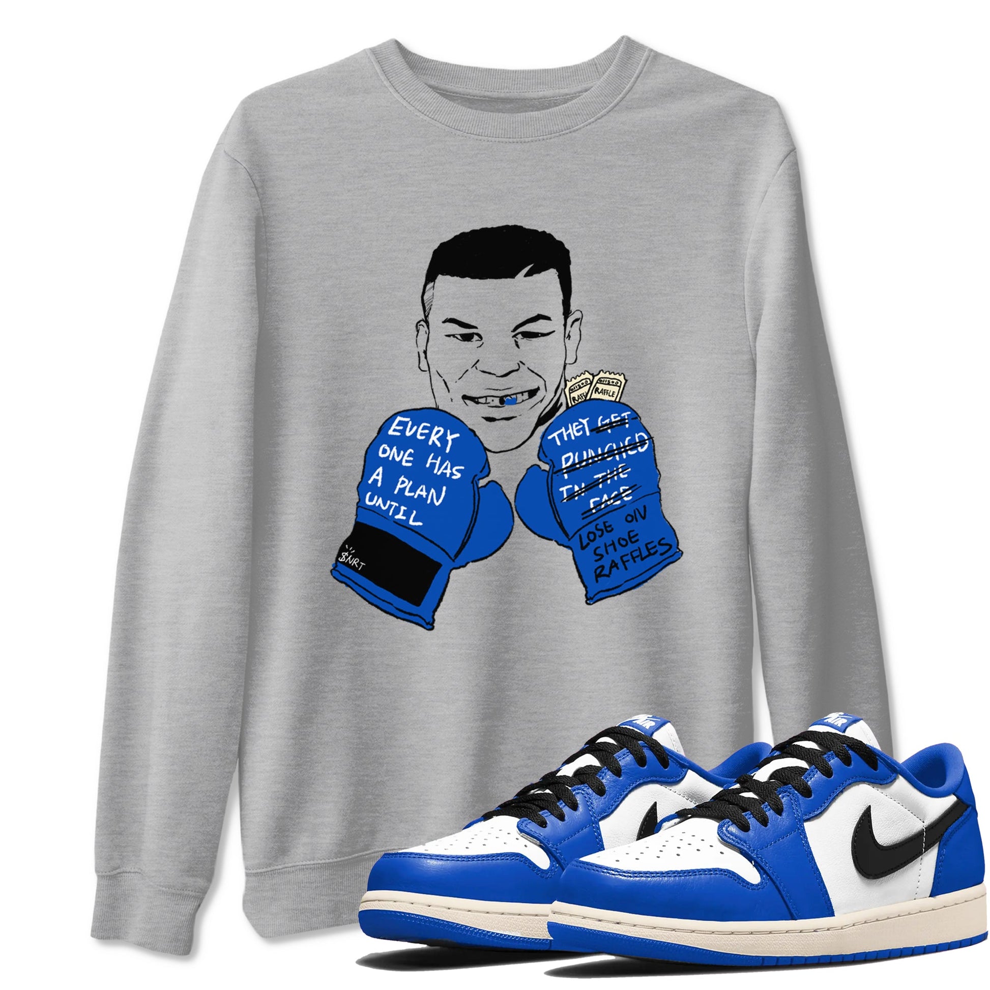 1s Game Royal shirts to match jordans Everyone Has A Plan sneaker match tees Air Jordan 1 Retro Low OG Game Royal match shoes to clothes SNRT Sneaker Tees unisex cotton Heather Grey 1 shirts
