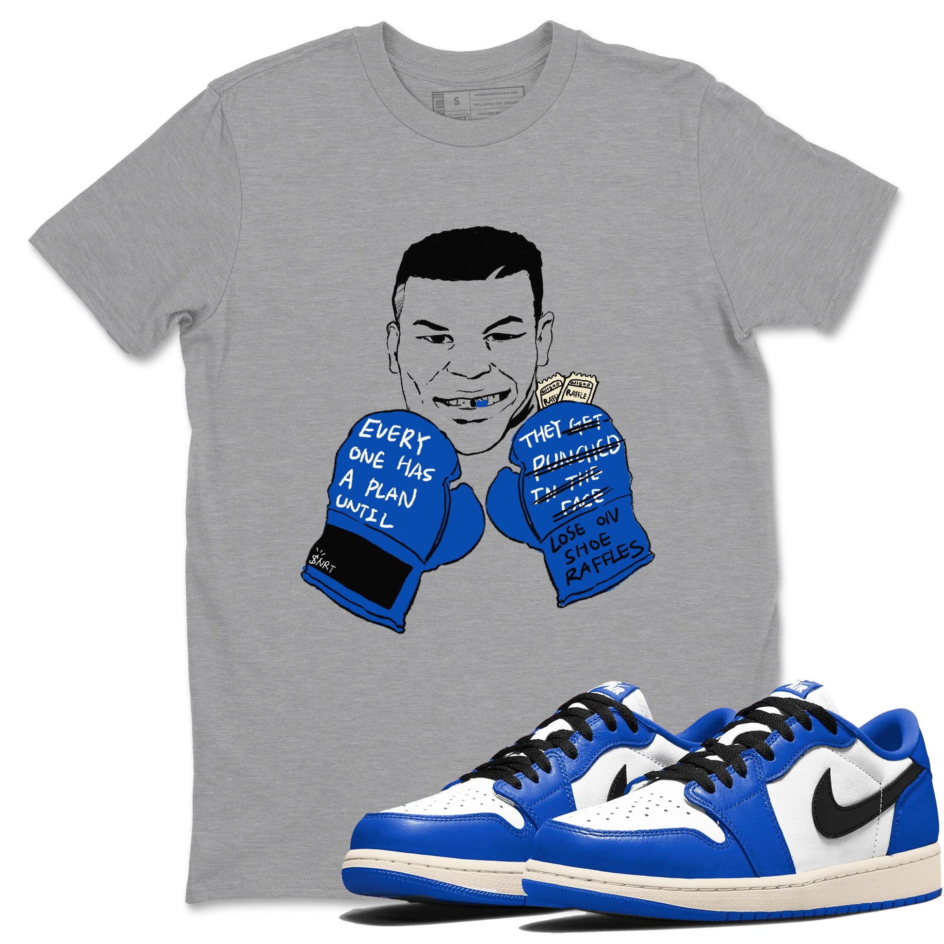 1s Game Royal shirts to match jordans Everyone Has A Plan sneaker match tees Air Jordan 1 Retro Low OG Game Royal match shoes to clothes SNRT Sneaker Tees unisex cotton Heather Grey 1 shirts