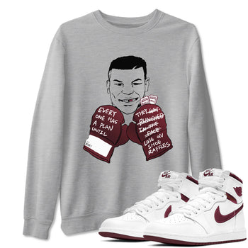 1s Metalic Burgundy shirt to match jordans Everyone Has A Plan sneaker tees Air Jordan 1 Metalic Burgundy SNRT Sneaker Release Tees unisex cotton Heather Grey 1 crew neck shirt