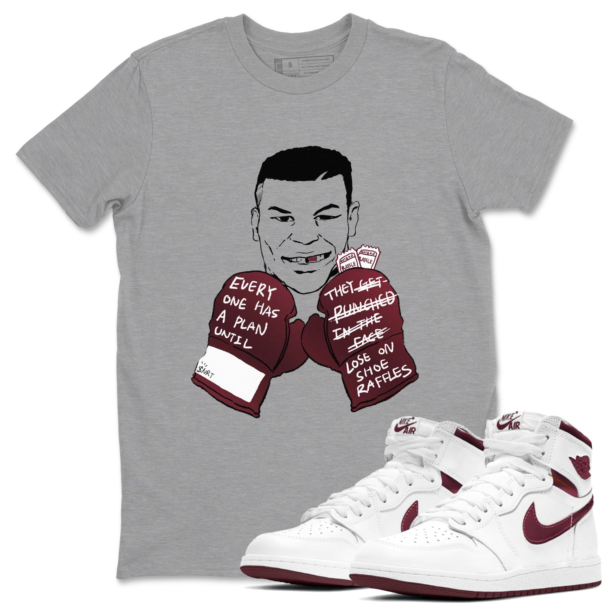 1s Metalic Burgundy shirt to match jordans Everyone Has A Plan sneaker tees Air Jordan 1 Metalic Burgundy SNRT Sneaker Release Tees unisex cotton Heather Grey 1 crew neck shirt