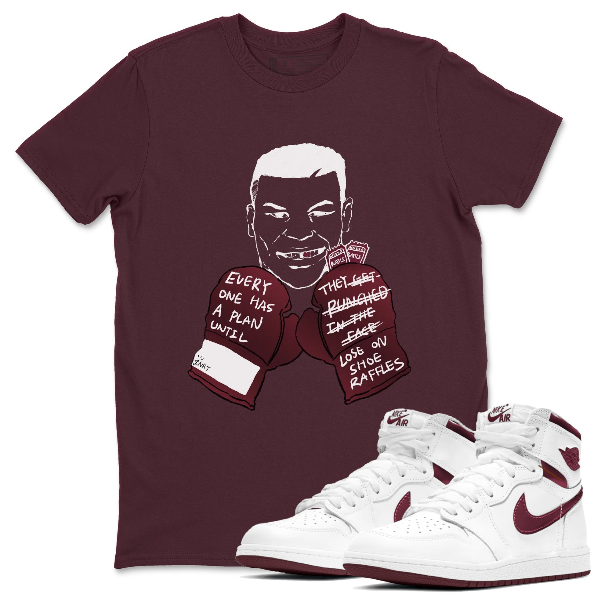 1s Metalic Burgundy shirt to match jordans Everyone Has A Plan sneaker tees Air Jordan 1 Metalic Burgundy SNRT Sneaker Release Tees unisex cotton Maroon 1 crew neck shirt