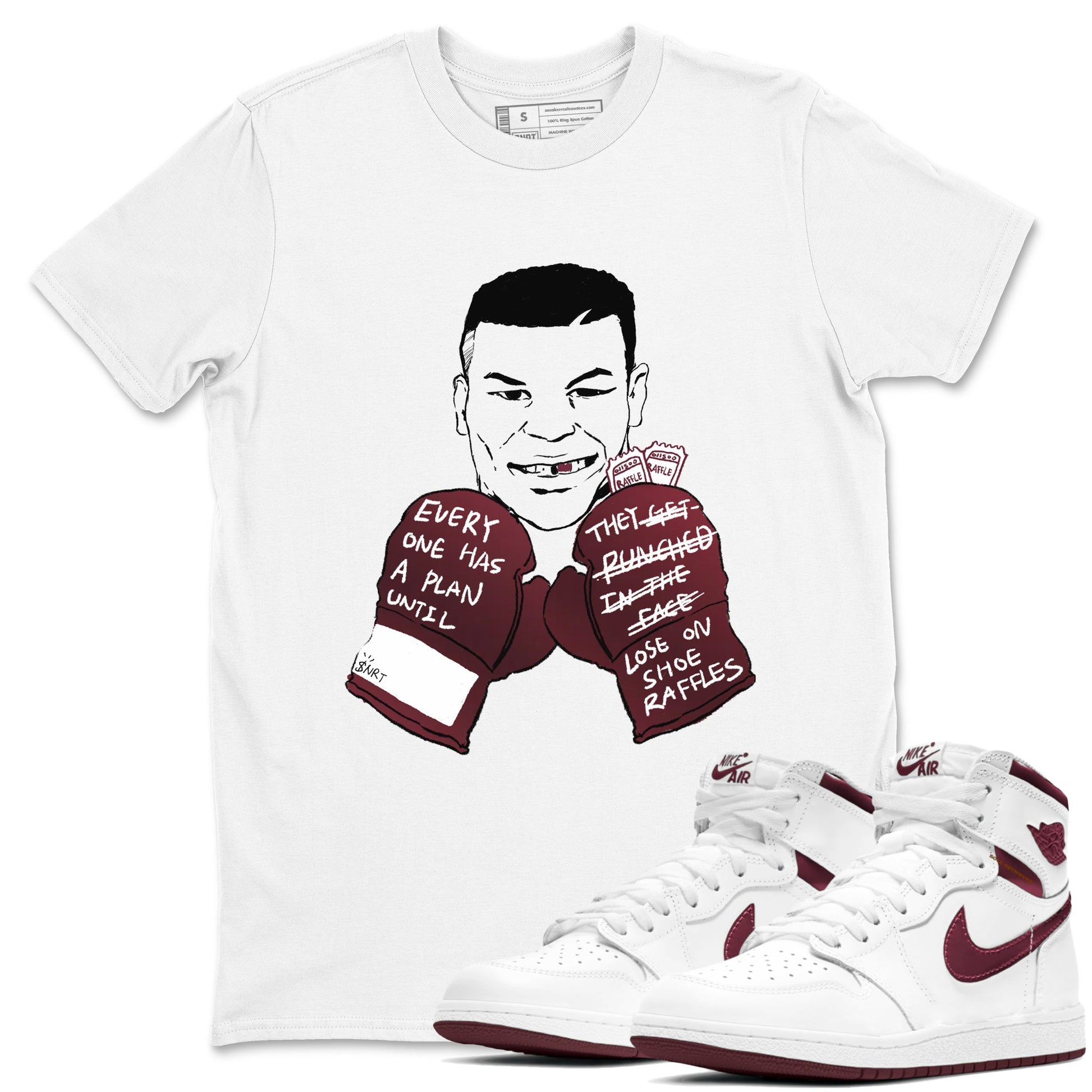 1s Metalic Burgundy shirt to match jordans Everyone Has A Plan sneaker tees Air Jordan 1 Metalic Burgundy SNRT Sneaker Release Tees unisex cotton White 1 crew neck shirt