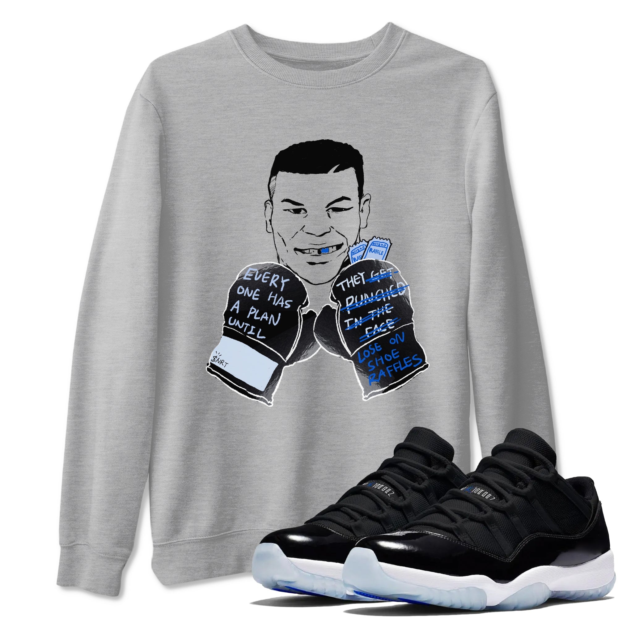 11s Low Space shirt to match jordans Everyone Has A Plan sneaker tees Air Jordan 11 Black/Varsity Royal SNRT Sneaker Release Tees unisex cotton Heather Grey 1 crew neck shirt