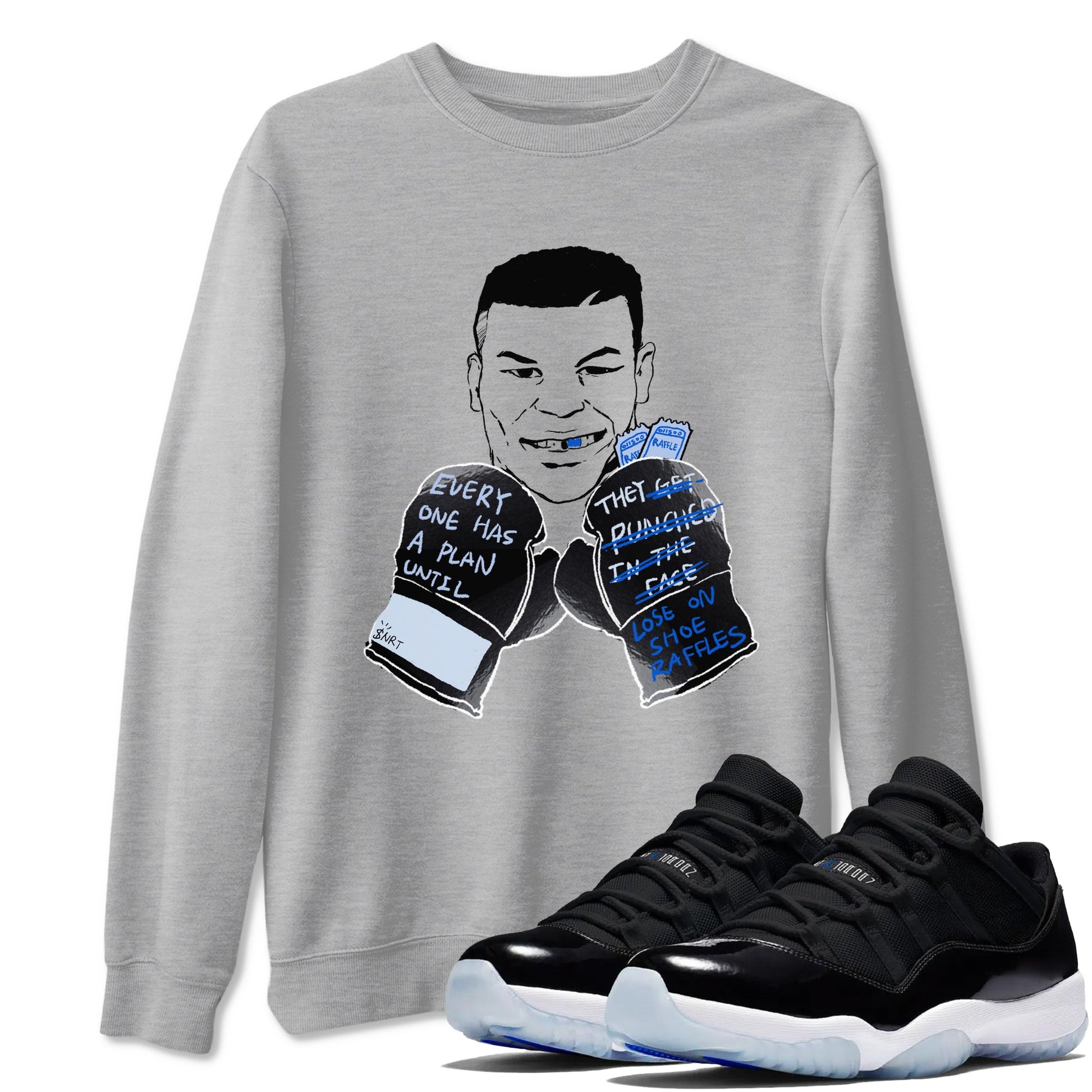11s Low Space shirt to match jordans Everyone Has A Plan sneaker tees Air Jordan 11 Black/Varsity Royal SNRT Sneaker Release Tees unisex cotton Heather Grey 1 crew neck shirt