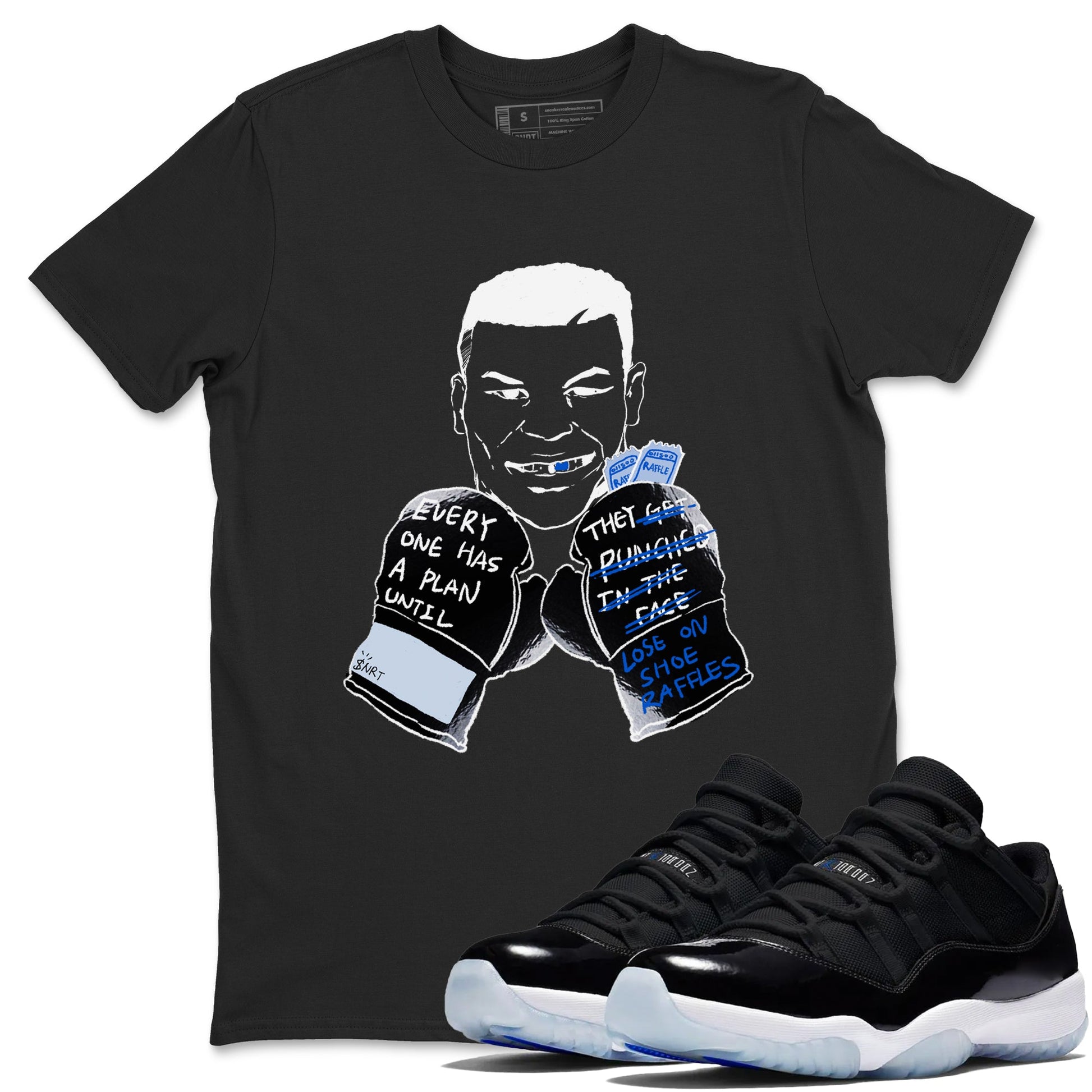 11s Low Space shirt to match jordans Everyone Has A Plan sneaker tees Air Jordan 11 Black/Varsity Royal SNRT Sneaker Release Tees unisex cotton Black 1 crew neck shirt