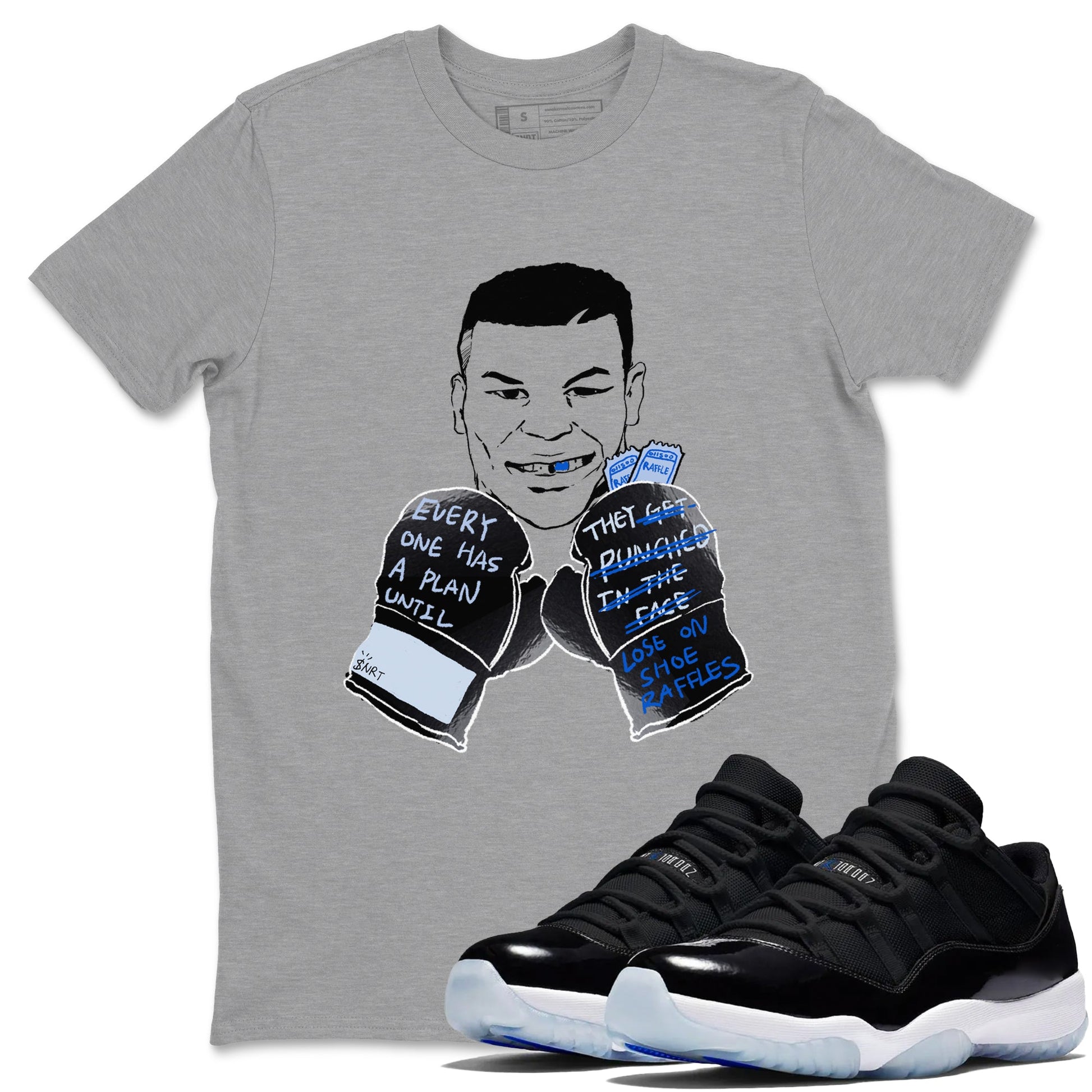 11s Low Space shirt to match jordans Everyone Has A Plan sneaker tees Air Jordan 11 Black/Varsity Royal SNRT Sneaker Release Tees unisex cotton Heather Grey 1 crew neck shirt