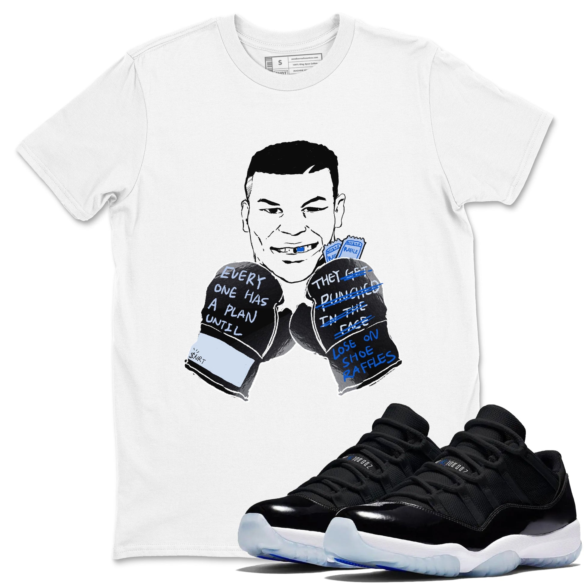 11s Low Space shirt to match jordans Everyone Has A Plan sneaker tees Air Jordan 11 Black/Varsity Royal SNRT Sneaker Release Tees unisex cotton White 1 crew neck shirt