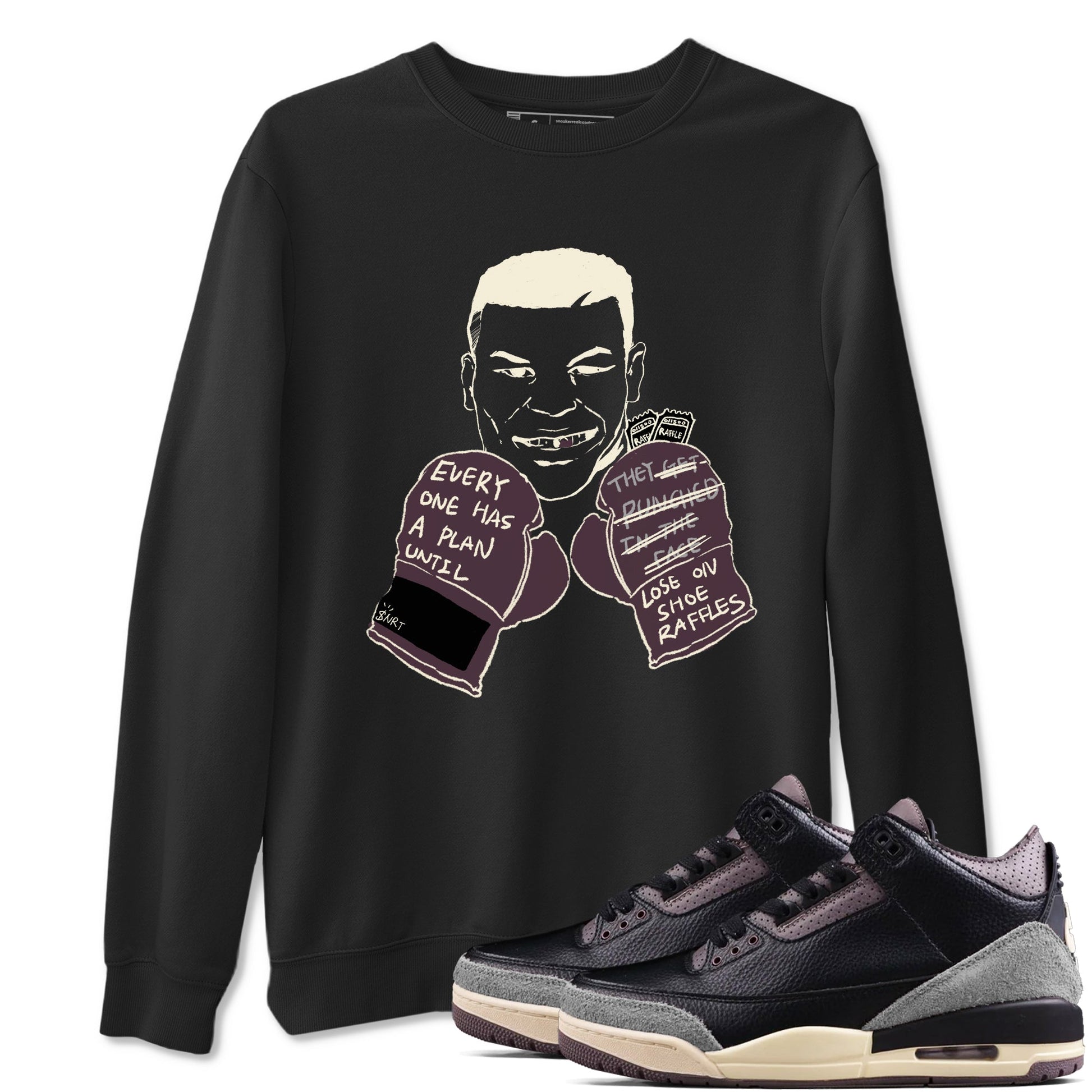 3s A Ma Maniere x Black shirts to match jordans Everyone Has A Plan sneaker match tees A Ma Maniere x Air Jordan 3 “Black” SNRT Sneaker Tees streetwear brand Black 1 unisex cotton tee