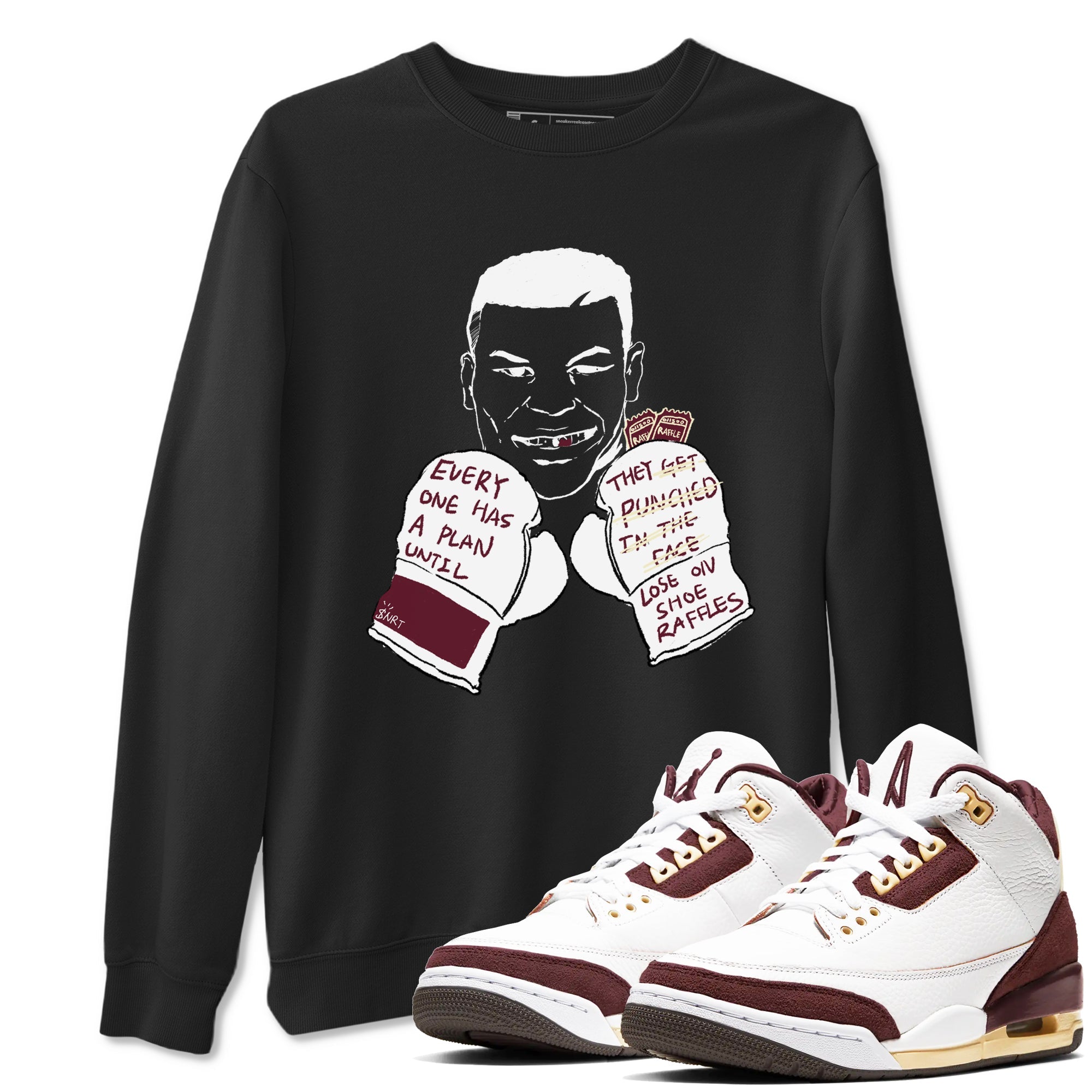 AJ3 A Ma Maniere x Burgundy Crush shirts to match jordans Everyone Has A Plan sneaker match tees A Ma Maniére x Air Jordan 3 "Burgundy Crush" SNRT Sneaker Tees streetwear brand Black 1 unisex cotton tee