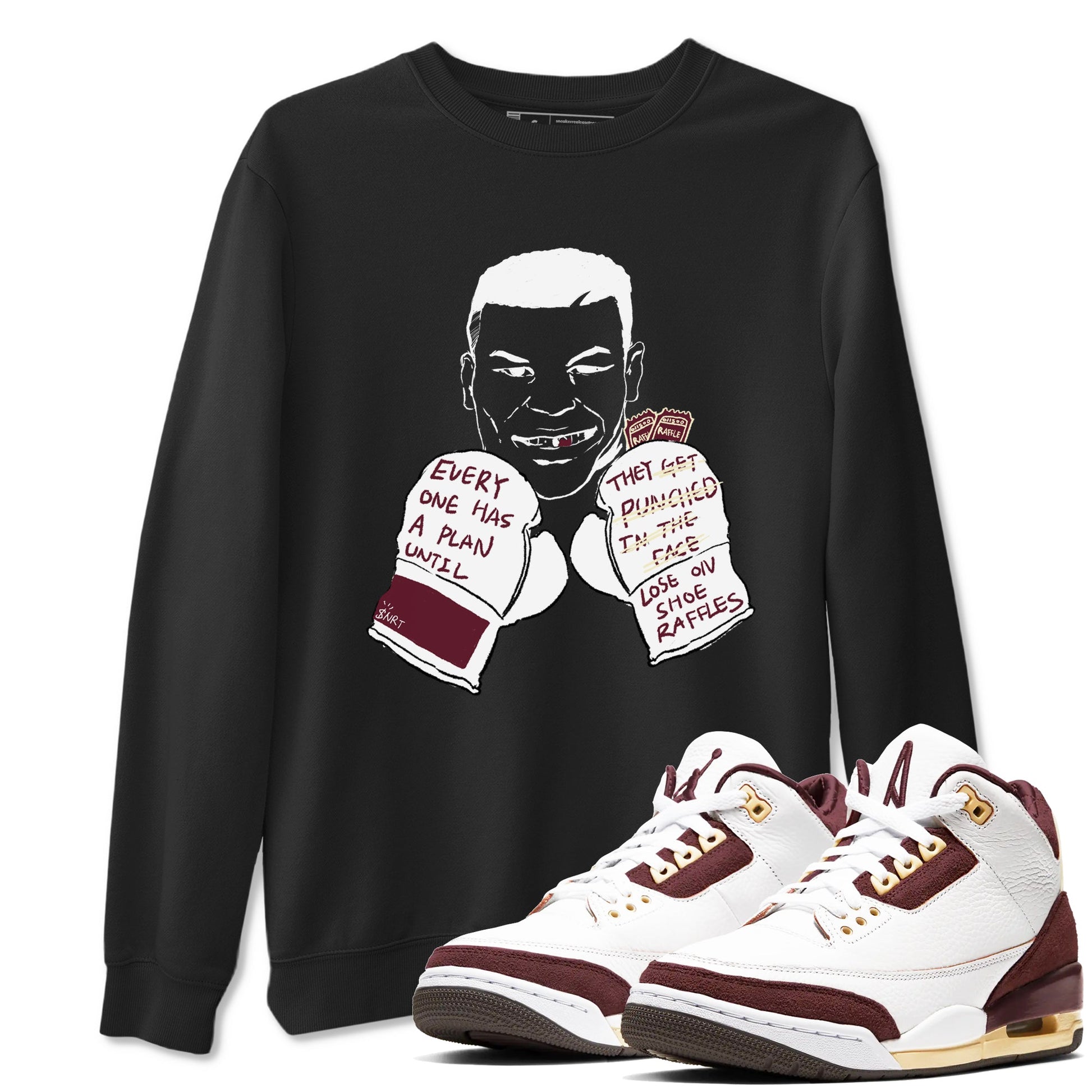 AJ3 A Ma Maniere x Burgundy Crush shirts to match jordans Everyone Has A Plan sneaker match tees A Ma Maniére x Air Jordan 3 "Burgundy Crush" SNRT Sneaker Tees streetwear brand Black 1 unisex cotton tee