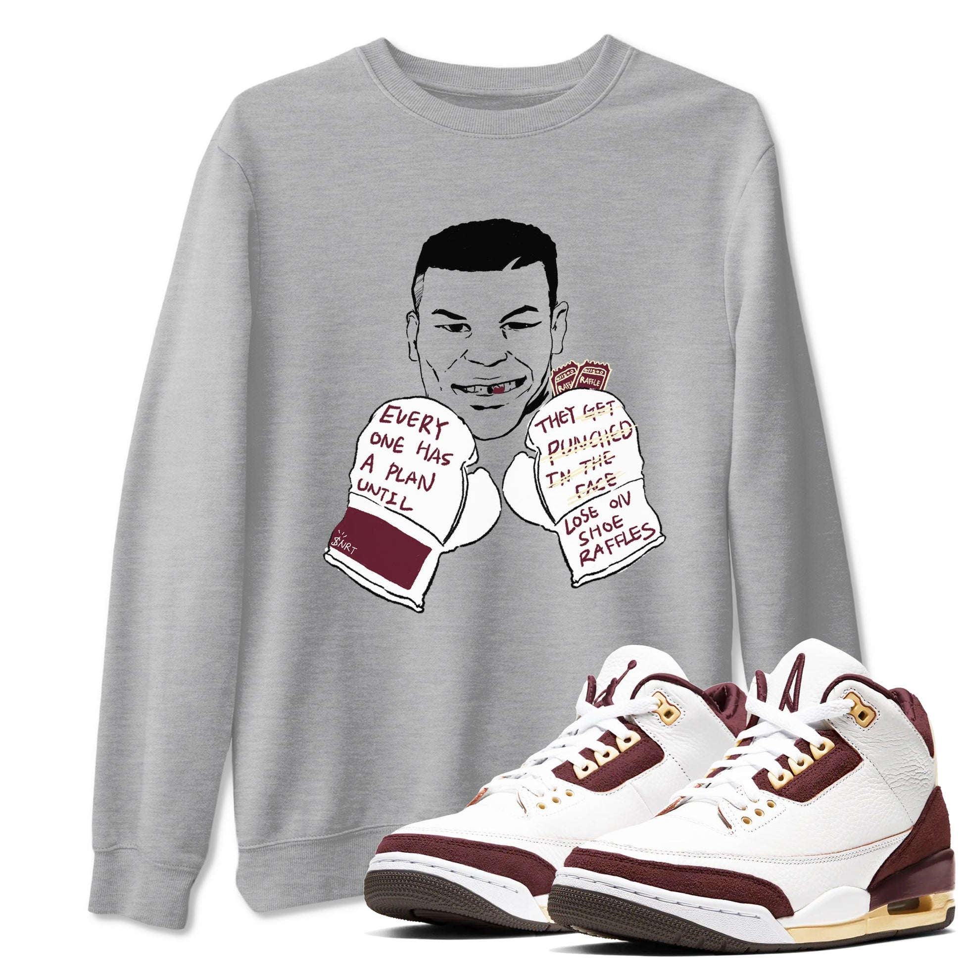 AJ3 A Ma Maniere x Burgundy Crush shirts to match jordans Everyone Has A Plan sneaker match tees A Ma Maniére x Air Jordan 3 "Burgundy Crush" SNRT Sneaker Tees streetwear brand Heather Grey 1 unisex cotton tee