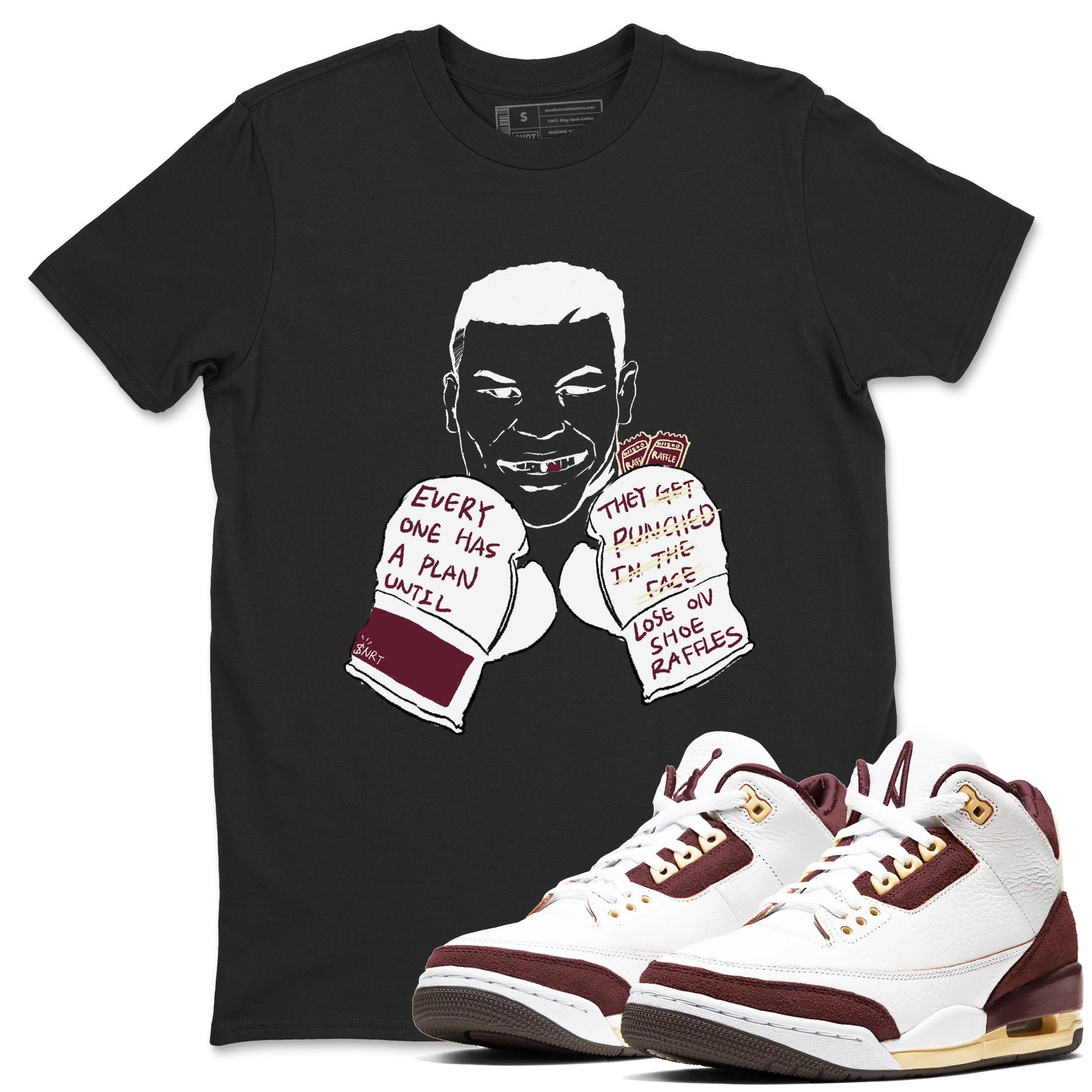 AJ3 A Ma Maniere x Burgundy Crush shirts to match jordans Everyone Has A Plan sneaker match tees A Ma Maniére x Air Jordan 3 "Burgundy Crush" SNRT Sneaker Tees streetwear brand Black 1 unisex cotton tee
