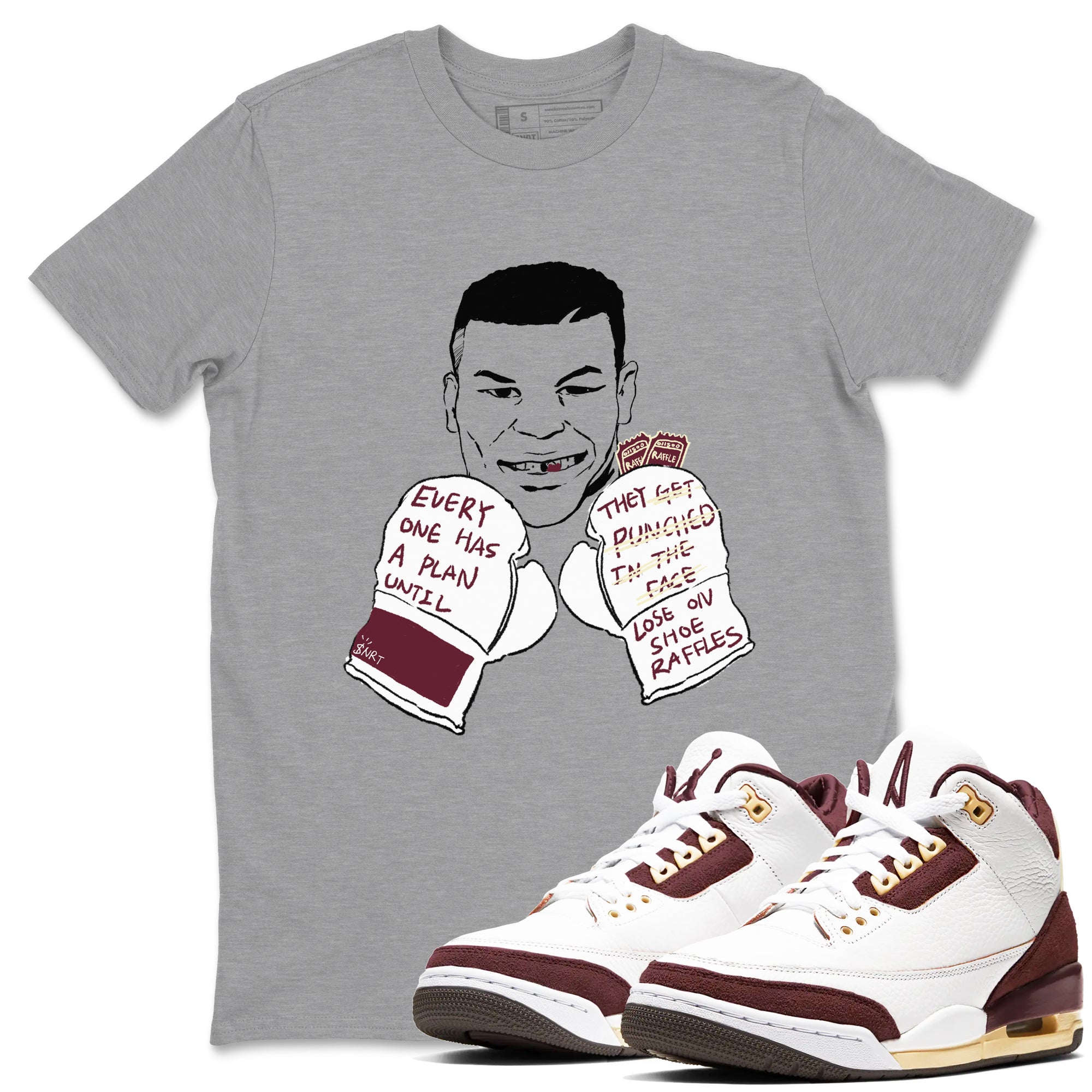 AJ3 A Ma Maniere x Burgundy Crush shirts to match jordans Everyone Has A Plan sneaker match tees A Ma Maniére x Air Jordan 3 "Burgundy Crush" SNRT Sneaker Tees streetwear brand Heather Grey 1 unisex cotton tee