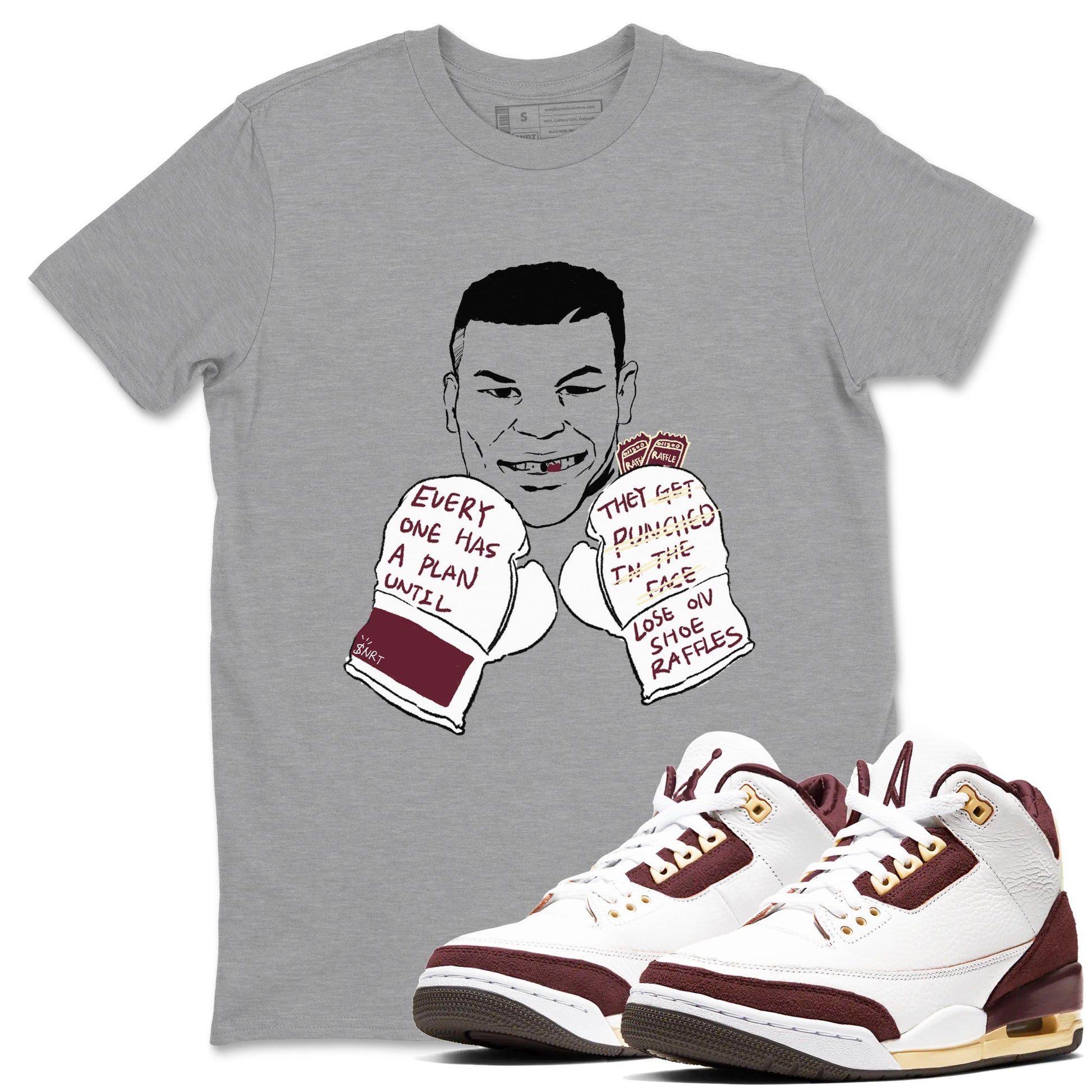 AJ3 A Ma Maniere x Burgundy Crush shirts to match jordans Everyone Has A Plan sneaker match tees A Ma Maniére x Air Jordan 3 "Burgundy Crush" SNRT Sneaker Tees streetwear brand Heather Grey 1 unisex cotton tee
