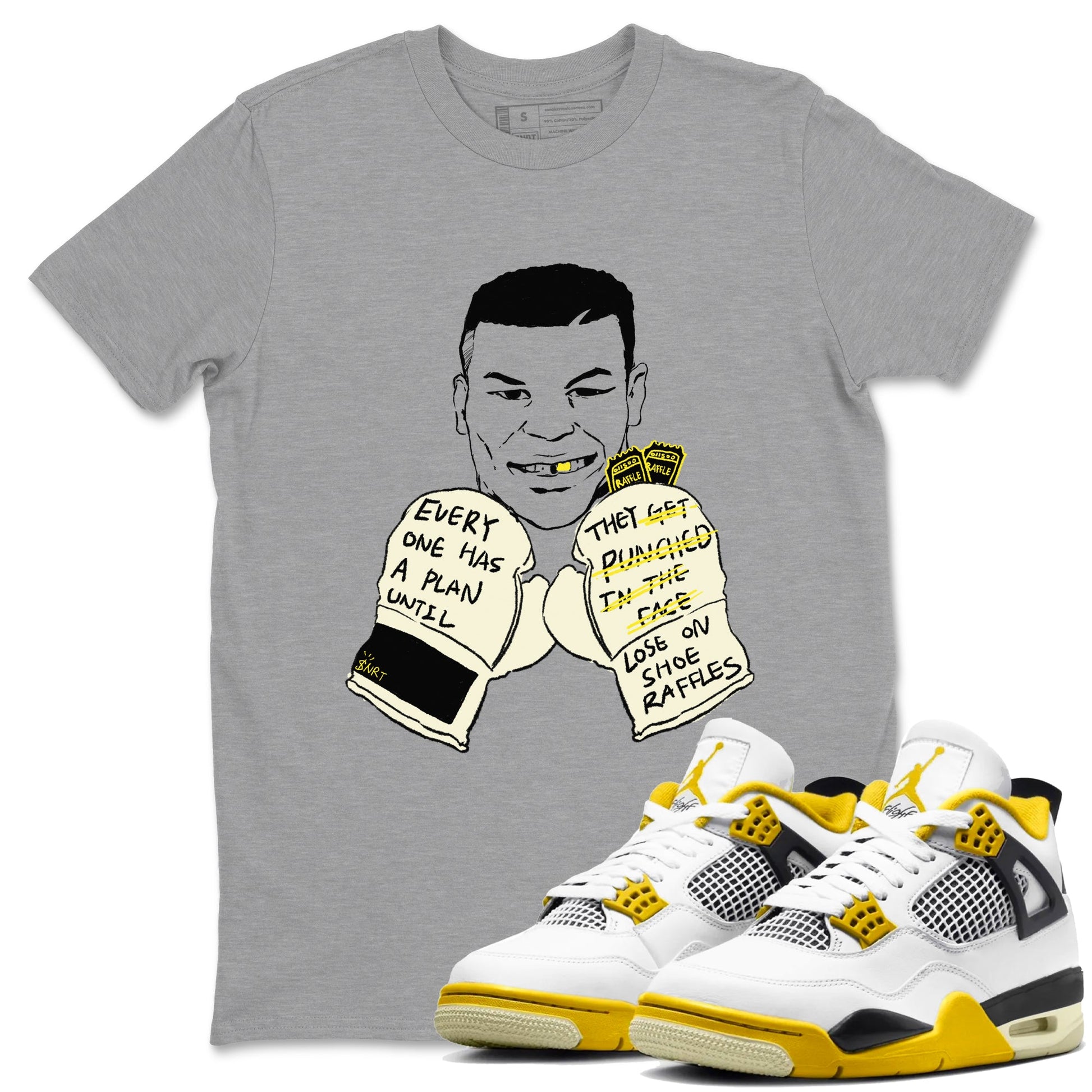 AJ4 Vivid Sulfur shirt to match jordans Everyone Has A Plan sneaker tees Air Jordan 4 Vivid Sulfur SNRT Sneaker Release Tees unisex cotton Heather Grey 1 crew neck shirt
