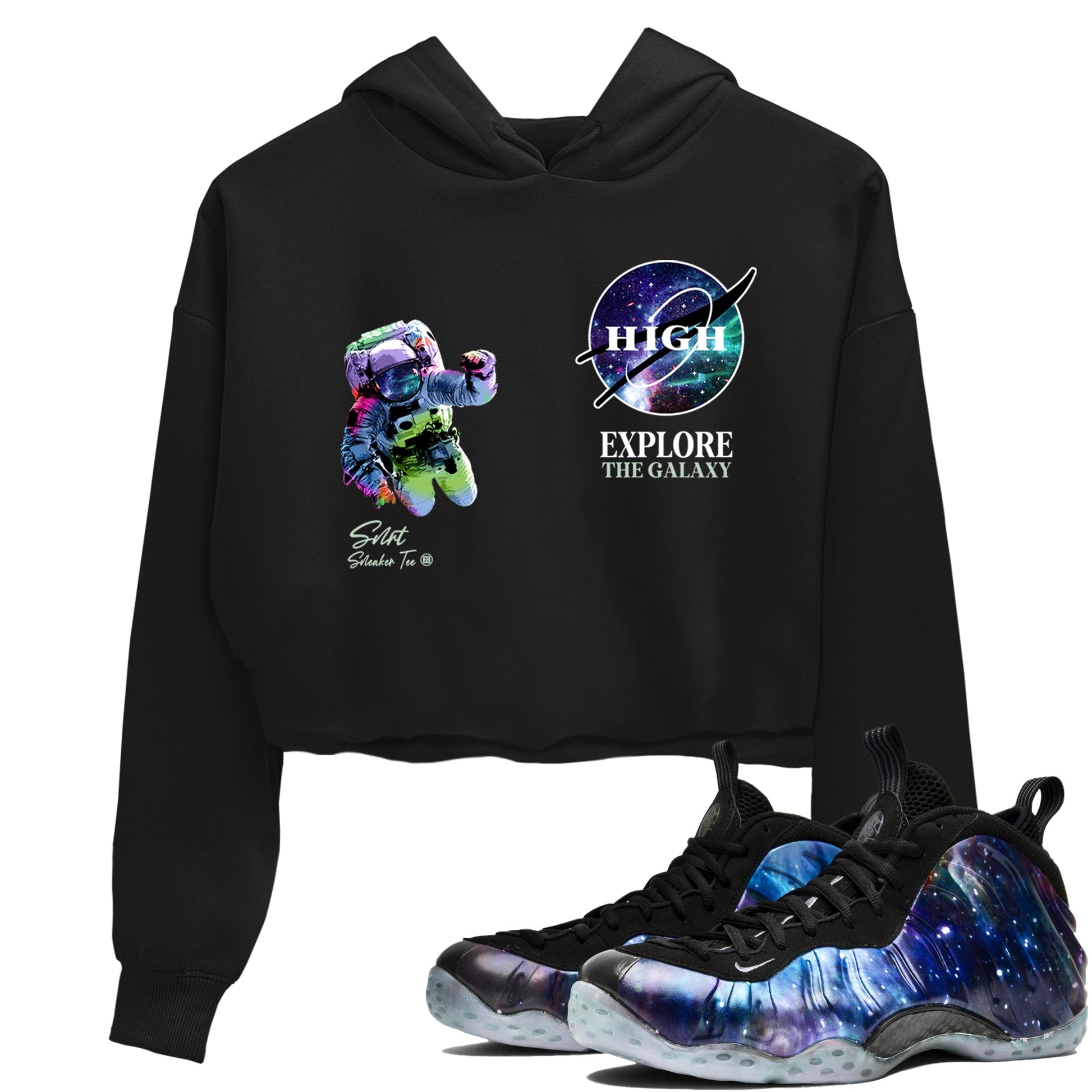 Foams One Galaxy shirts to match jordans Explore The Galaxy best t shirts to wear with jordans Air Foamposite One Galaxy match shoes to clothes SNRT Sneaker Tees unisex cotton Black 1 crop tee