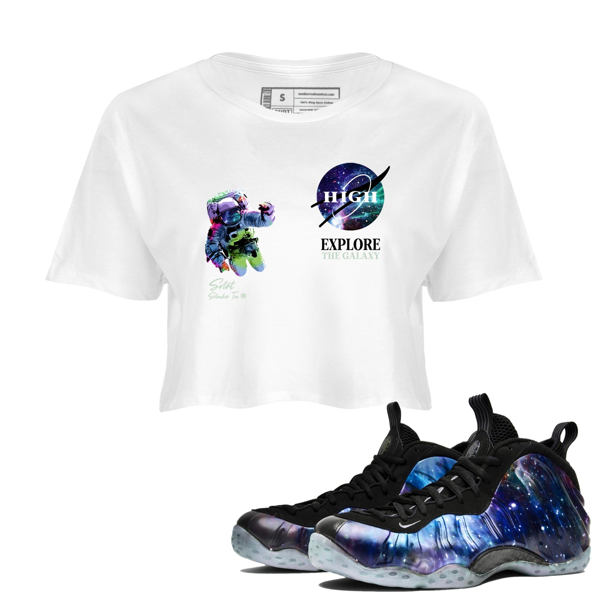 Foams One Galaxy shirts to match jordans Explore The Galaxy best t shirts to wear with jordans Air Foamposite One Galaxy match shoes to clothes SNRT Sneaker Tees unisex cotton White 1 crop tee