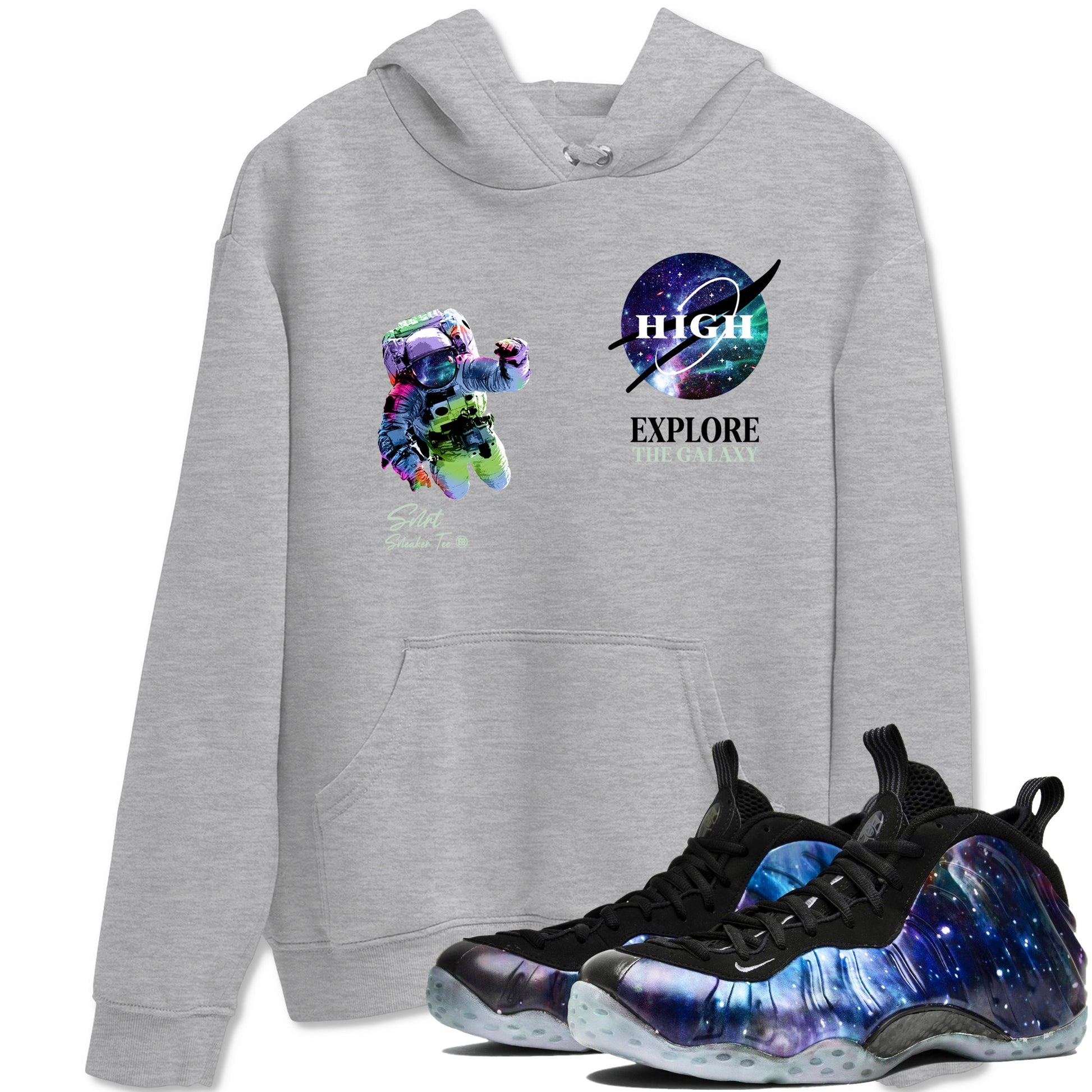 Foams One Galaxy shirts to match jordans Explore The Galaxy best t shirts to wear with jordans Air Foamposite One Galaxy match shoes to clothes SNRT Sneaker Tees unisex cotton Heather Grey 1 shirts