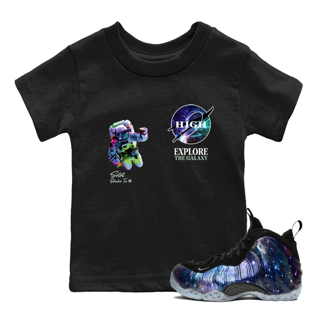 Foams One Galaxy shirts to match jordans Explore The Galaxy best t shirts to wear with jordans Air Foamposite One Galaxy match shoes to clothes SNRT Sneaker Tees Youth Baby Black 1 tee