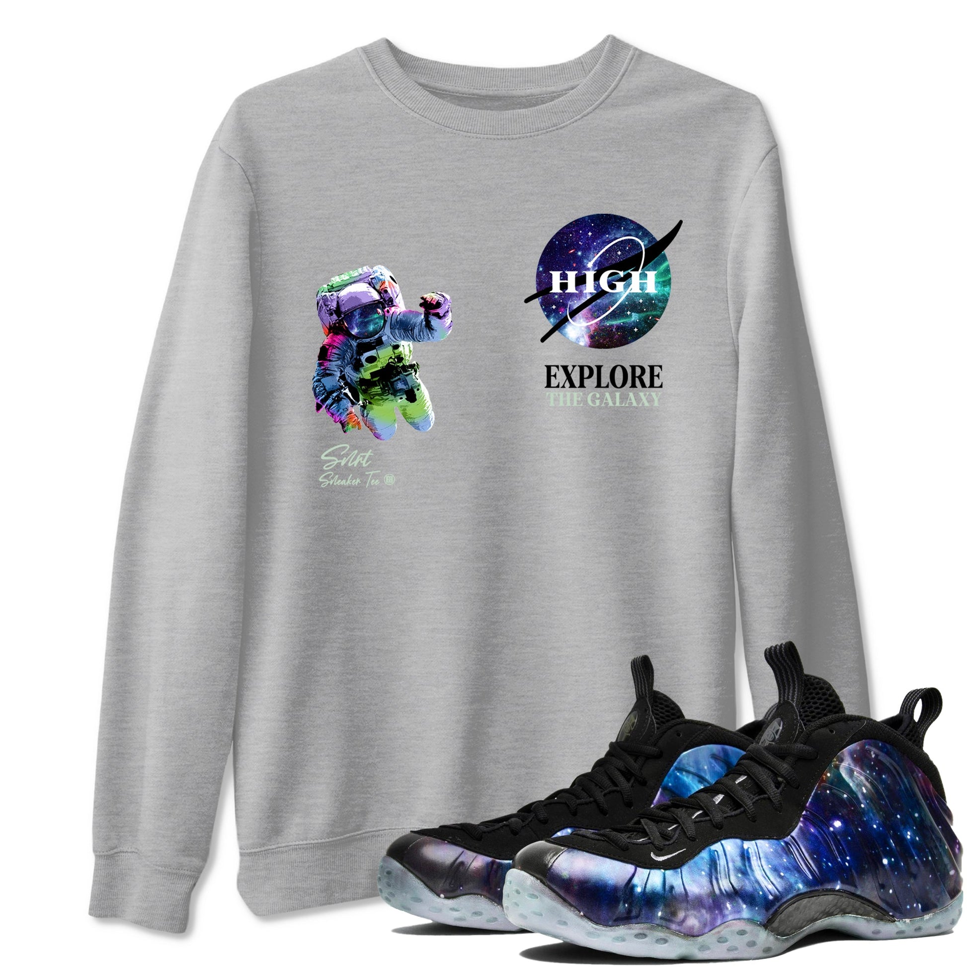 Foams One Galaxy shirts to match jordans Explore The Galaxy best t shirts to wear with jordans Air Foamposite One Galaxy match shoes to clothes SNRT Sneaker Tees unisex cotton Heather Grey 1 shirts