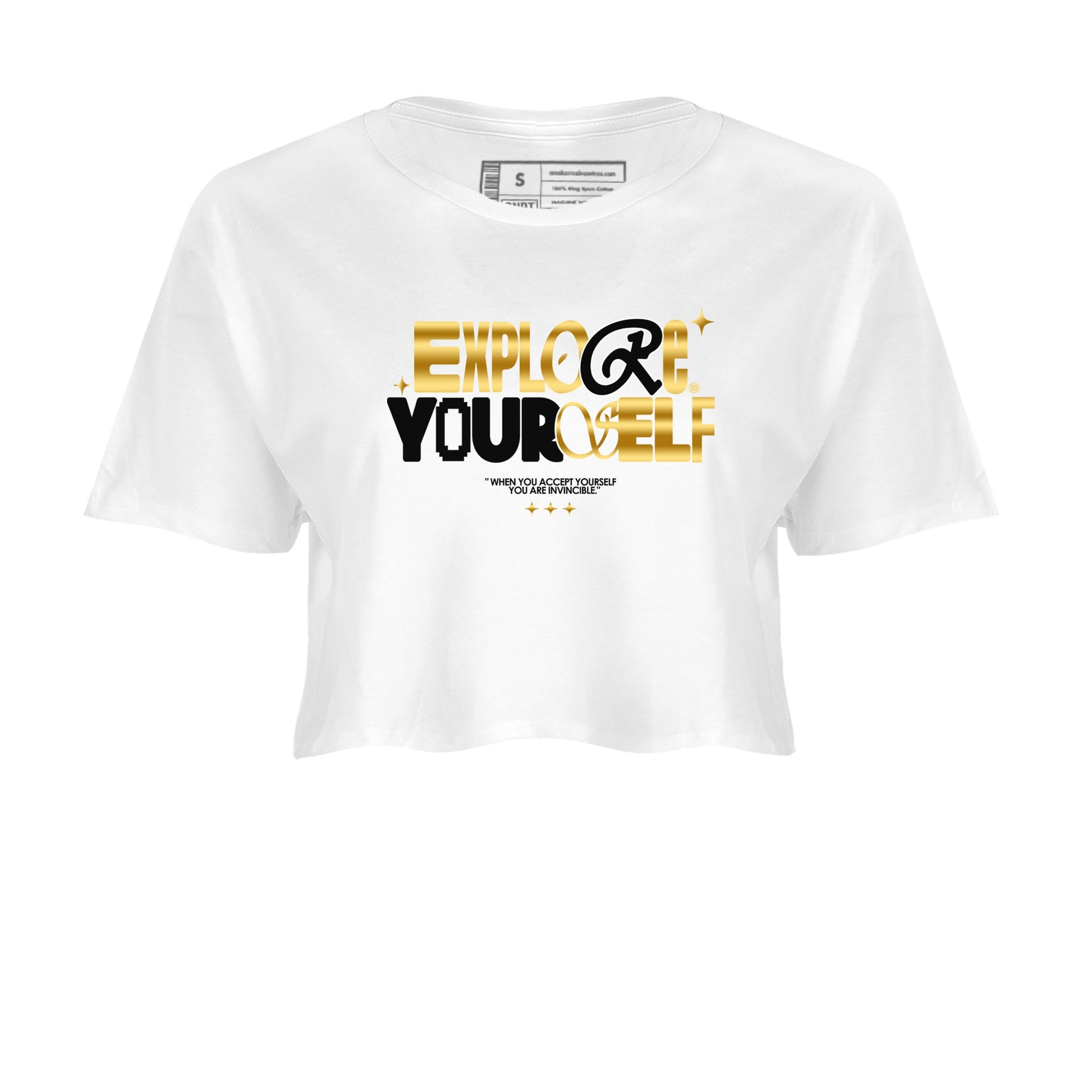 Air Jordan 1 High OG Black Metallic Gold shirts to match jordans Explore Yourself sneaker match tees Air Jordan 1 Retrp Black Metallic Gold Sneaker Shirts SNRT Sneaker Tees streetwear brand White 2 crop tee