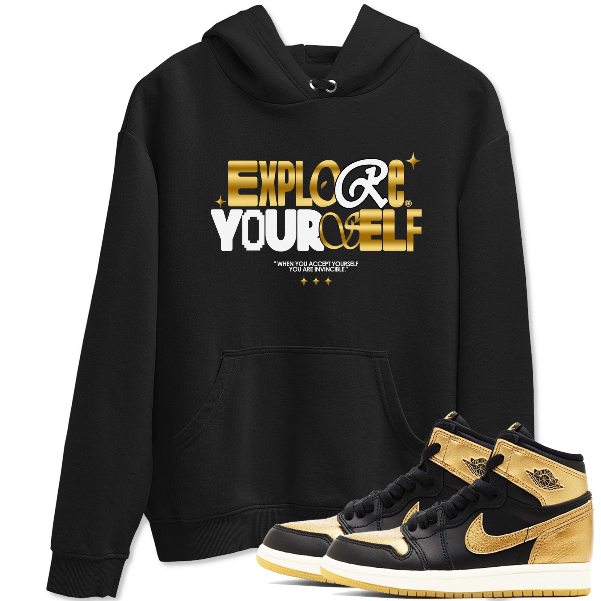 Air Jordan 1 High OG Black Metallic Gold shirts to match jordans Explore Yourself sneaker match tees Air Jordan 1 Retrp Black Metallic Gold Sneaker Shirts SNRT Sneaker Tees streetwear brand Black 1 unisex cotton tee