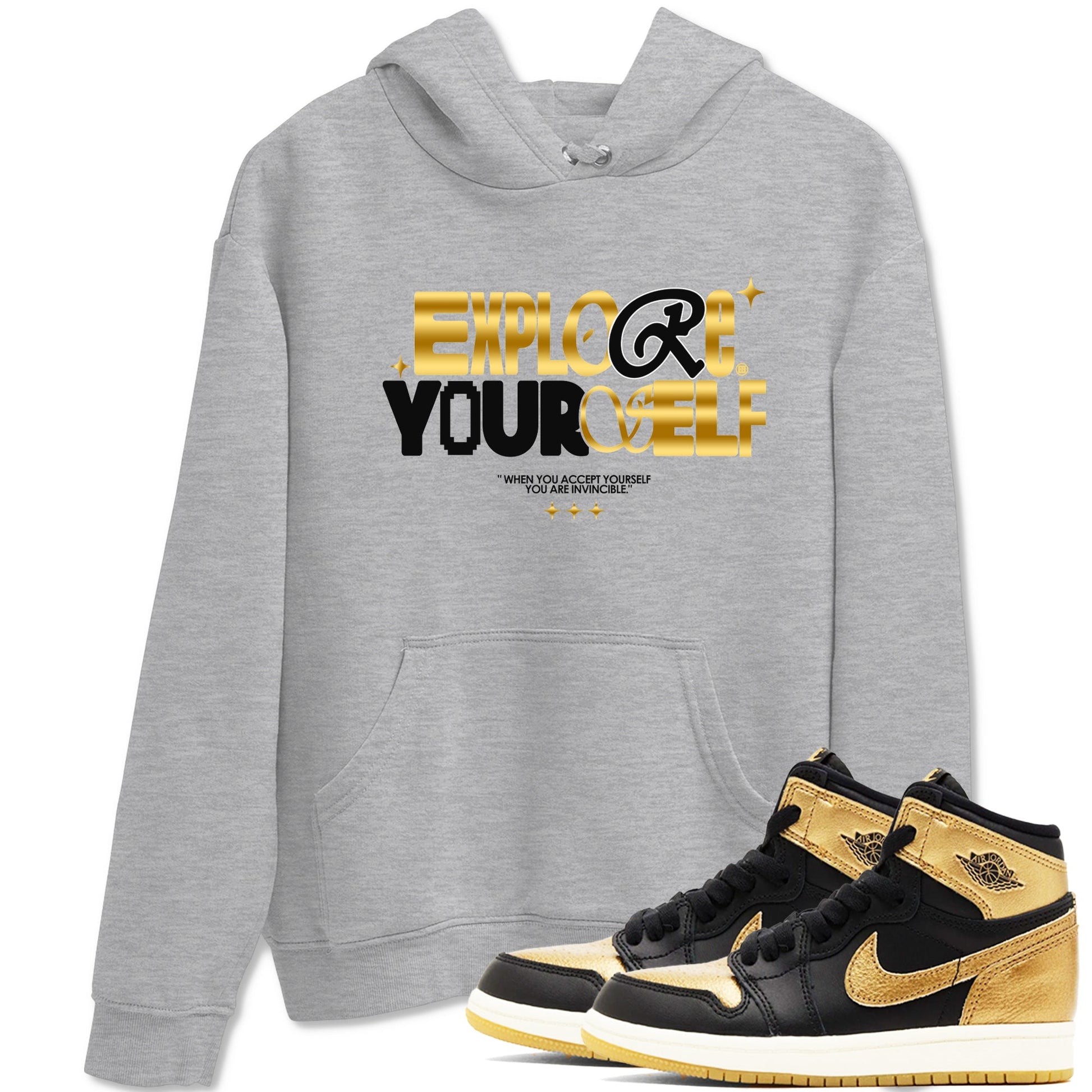 Air Jordan 1 High OG Black Metallic Gold shirts to match jordans Explore Yourself sneaker match tees Air Jordan 1 Retrp Black Metallic Gold Sneaker Shirts SNRT Sneaker Tees streetwear brand Heather Grey 1 unisex cotton tee