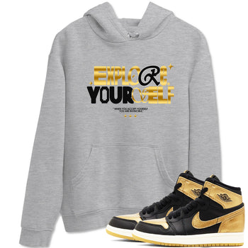 Air Jordan 1 High OG Black Metallic Gold shirts to match jordans Explore Yourself sneaker match tees Air Jordan 1 Retrp Black Metallic Gold Sneaker Shirts SNRT Sneaker Tees streetwear brand Heather Grey 1 unisex cotton tee