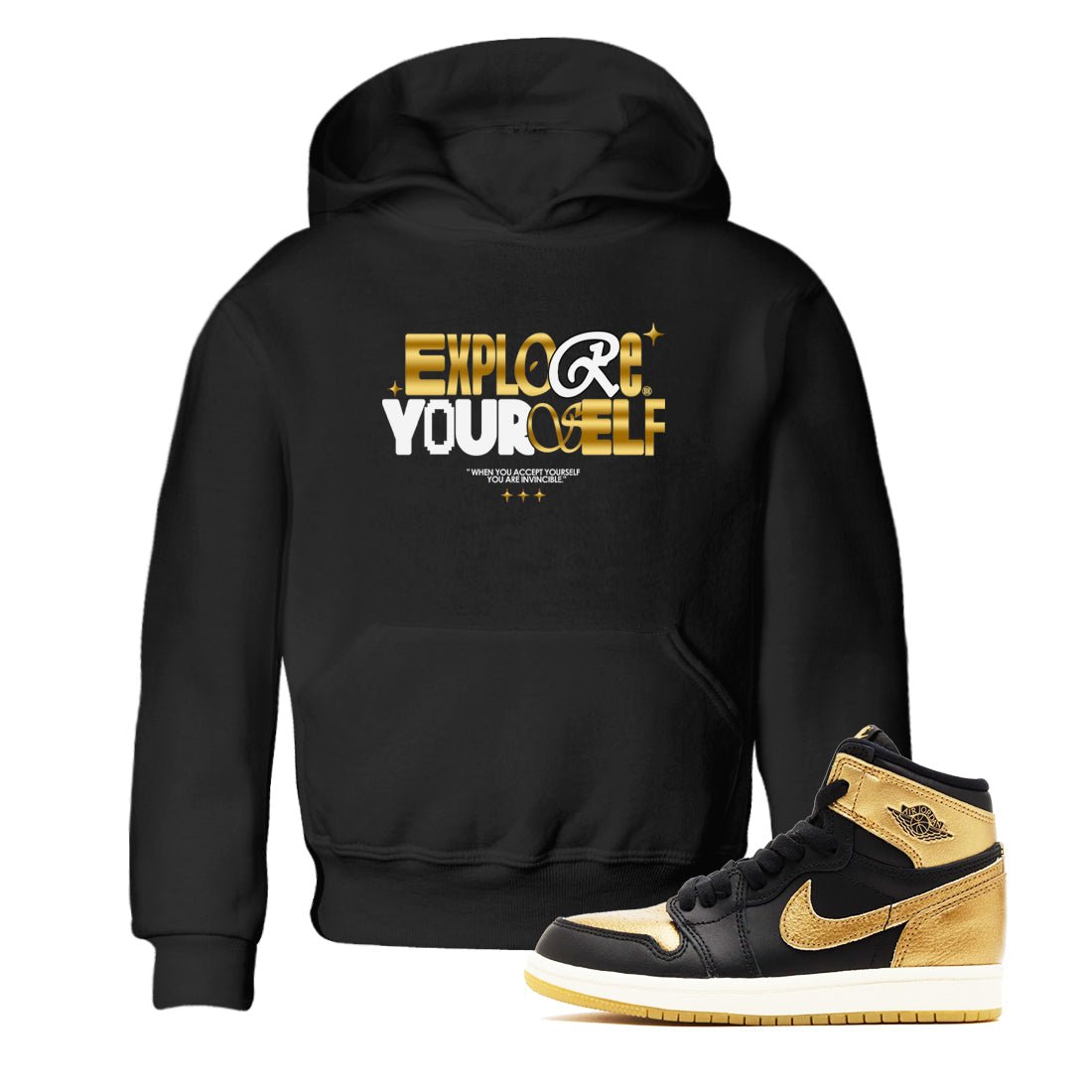 Air Jordan 1 High OG Black Metallic Gold shirts to match jordans Explore Yourself sneaker match tees Air Jordan 1 Retrp Black Metallic Gold Sneaker Shirts SNRT Sneaker Tees streetwear brand Baby and Youth Black 1 cotton tee
