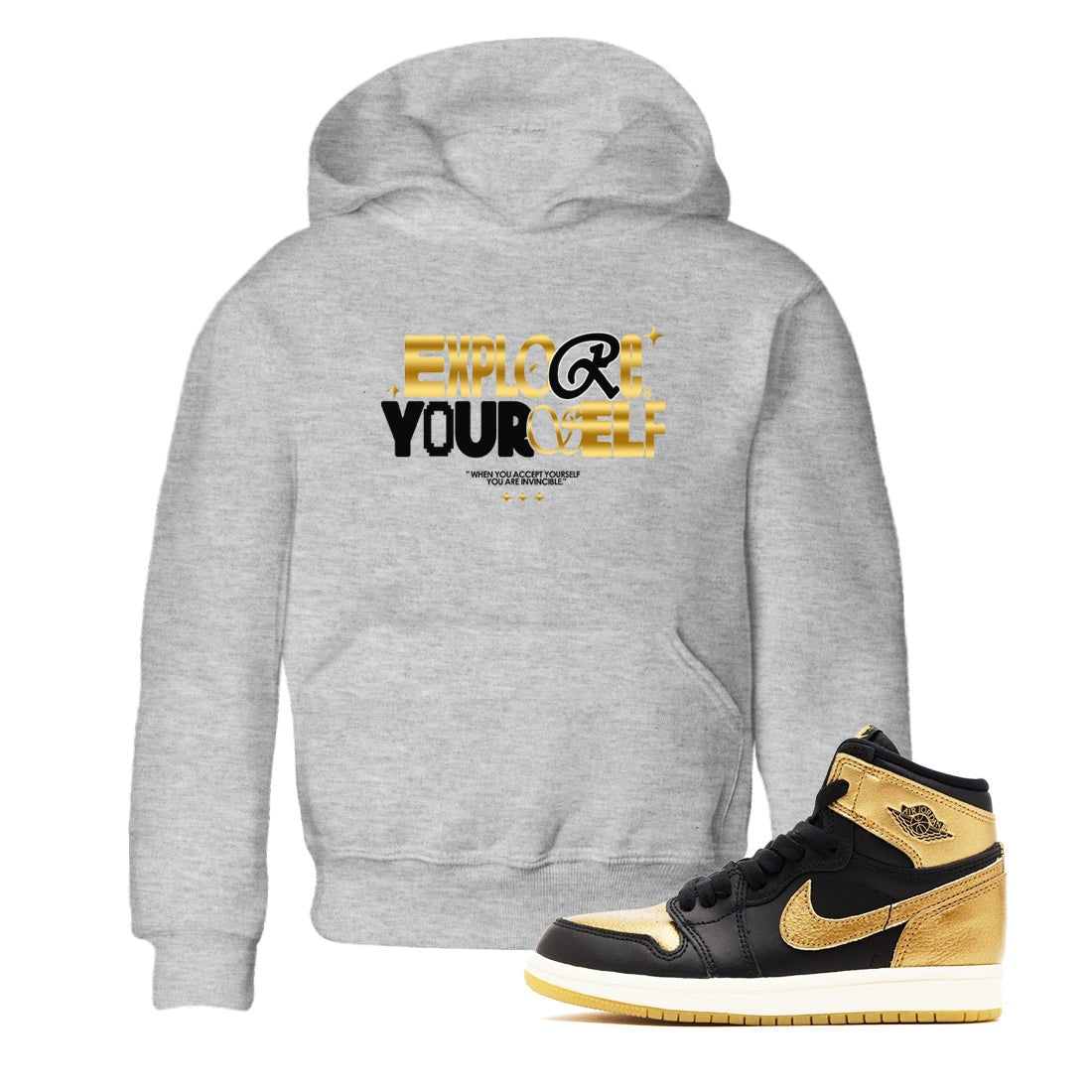 Air Jordan 1 High OG Black Metallic Gold shirts to match jordans Explore Yourself sneaker match tees Air Jordan 1 Retrp Black Metallic Gold Sneaker Shirts SNRT Sneaker Tees streetwear brand Baby and Youth Heather Grey 1 cotton tee