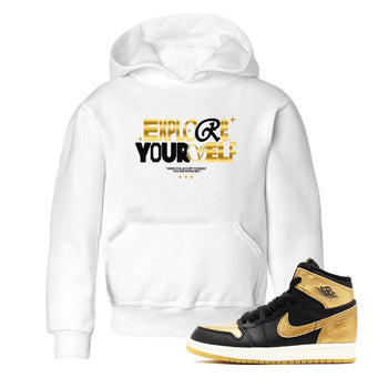 Air Jordan 1 High OG Black Metallic Gold shirts to match jordans Explore Yourself sneaker match tees Air Jordan 1 Retrp Black Metallic Gold Sneaker Shirts SNRT Sneaker Tees streetwear brand Baby and Youth White 1 cotton tee
