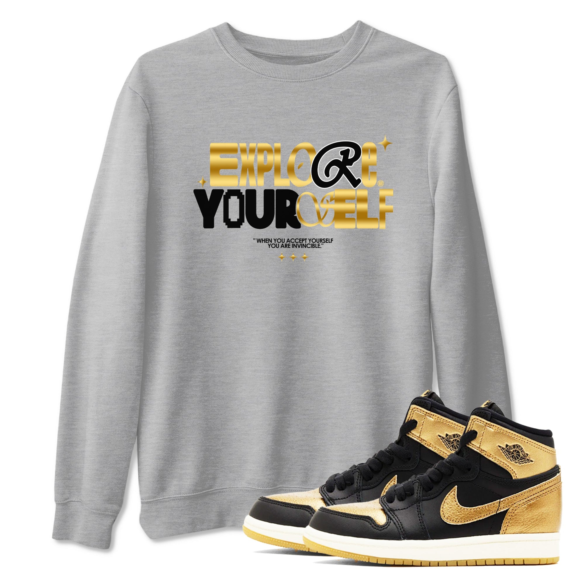 Air Jordan 1 High OG Black Metallic Gold shirts to match jordans Explore Yourself sneaker match tees Air Jordan 1 Retrp Black Metallic Gold Sneaker Shirts SNRT Sneaker Tees streetwear brand Heather Grey 1 unisex cotton tee