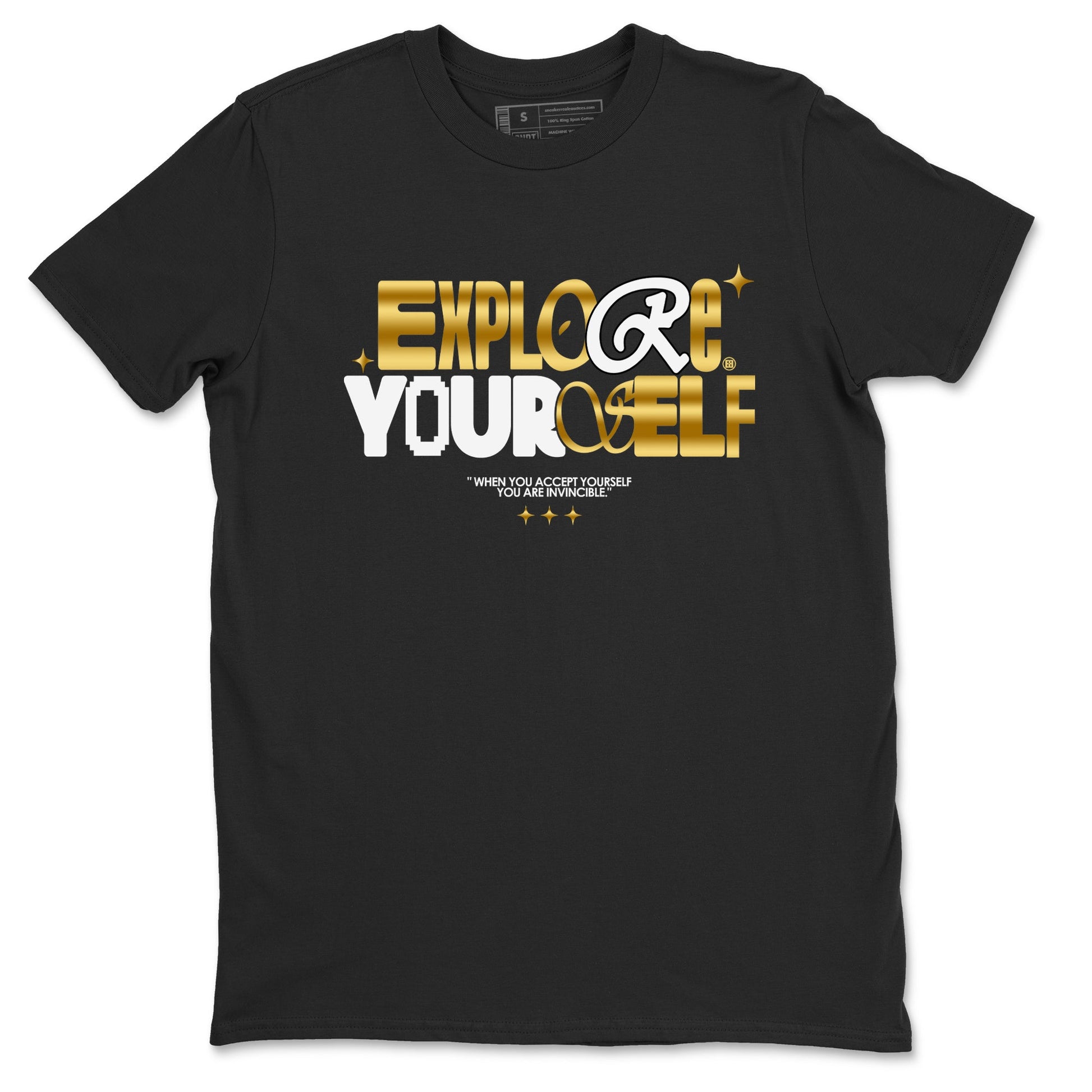 Air Jordan 1 High OG Black Metallic Gold shirts to match jordans Explore Yourself sneaker match tees Air Jordan 1 Retrp Black Metallic Gold Sneaker Shirts SNRT Sneaker Tees streetwear brand Black 2 unisex cotton tee