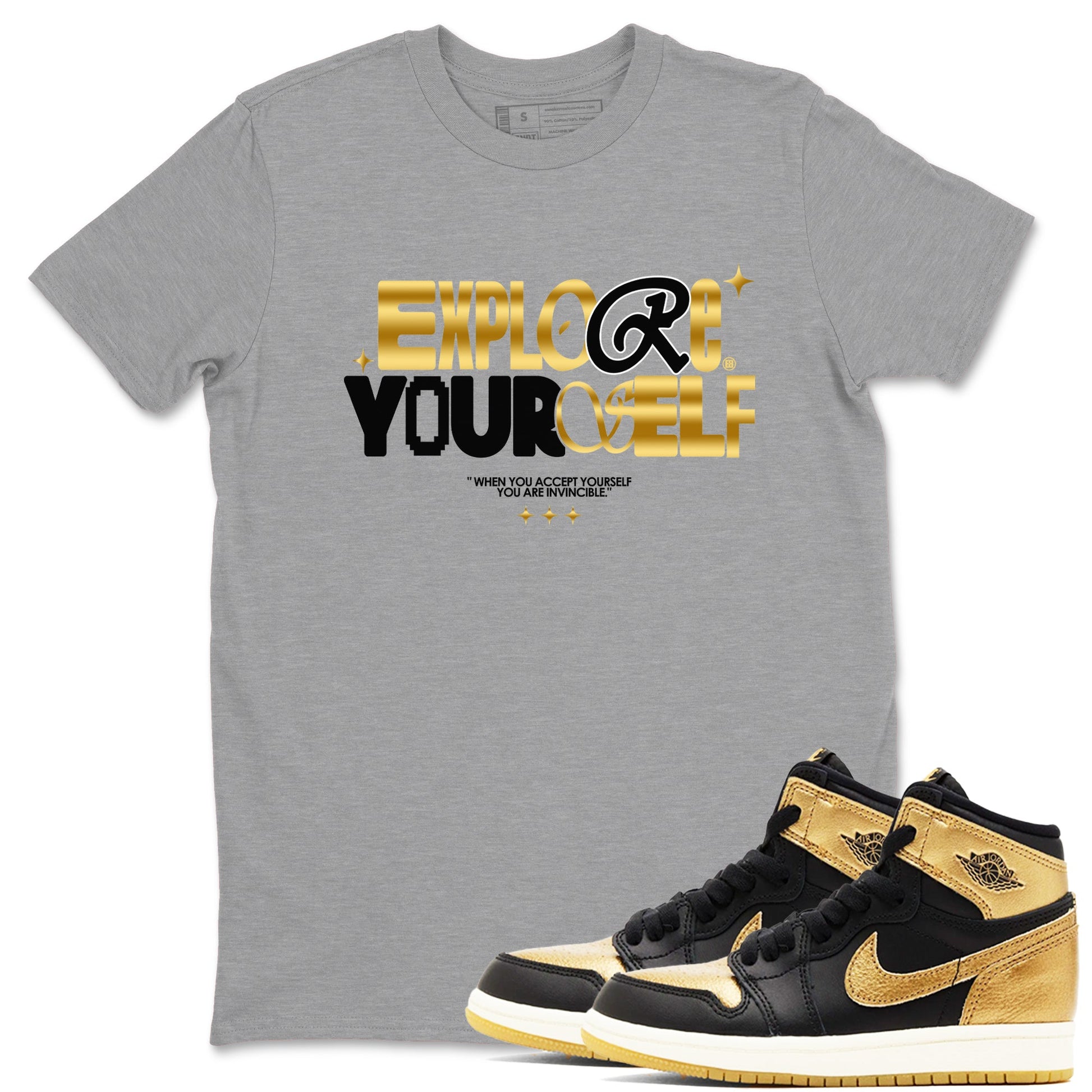 Air Jordan 1 High OG Black Metallic Gold shirts to match jordans Explore Yourself sneaker match tees Air Jordan 1 Retrp Black Metallic Gold Sneaker Shirts SNRT Sneaker Tees streetwear brand Heather Grey 1 unisex cotton tee