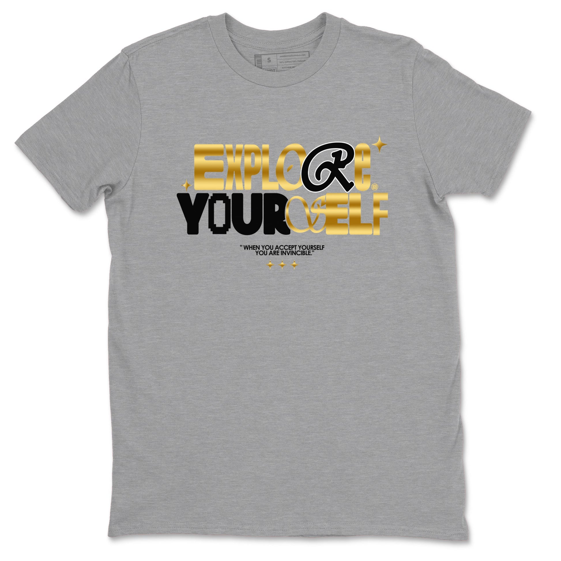 Air Jordan 1 High OG Black Metallic Gold shirts to match jordans Explore Yourself sneaker match tees Air Jordan 1 Retrp Black Metallic Gold Sneaker Shirts SNRT Sneaker Tees streetwear brand Heather Grey 2 unisex cotton tee