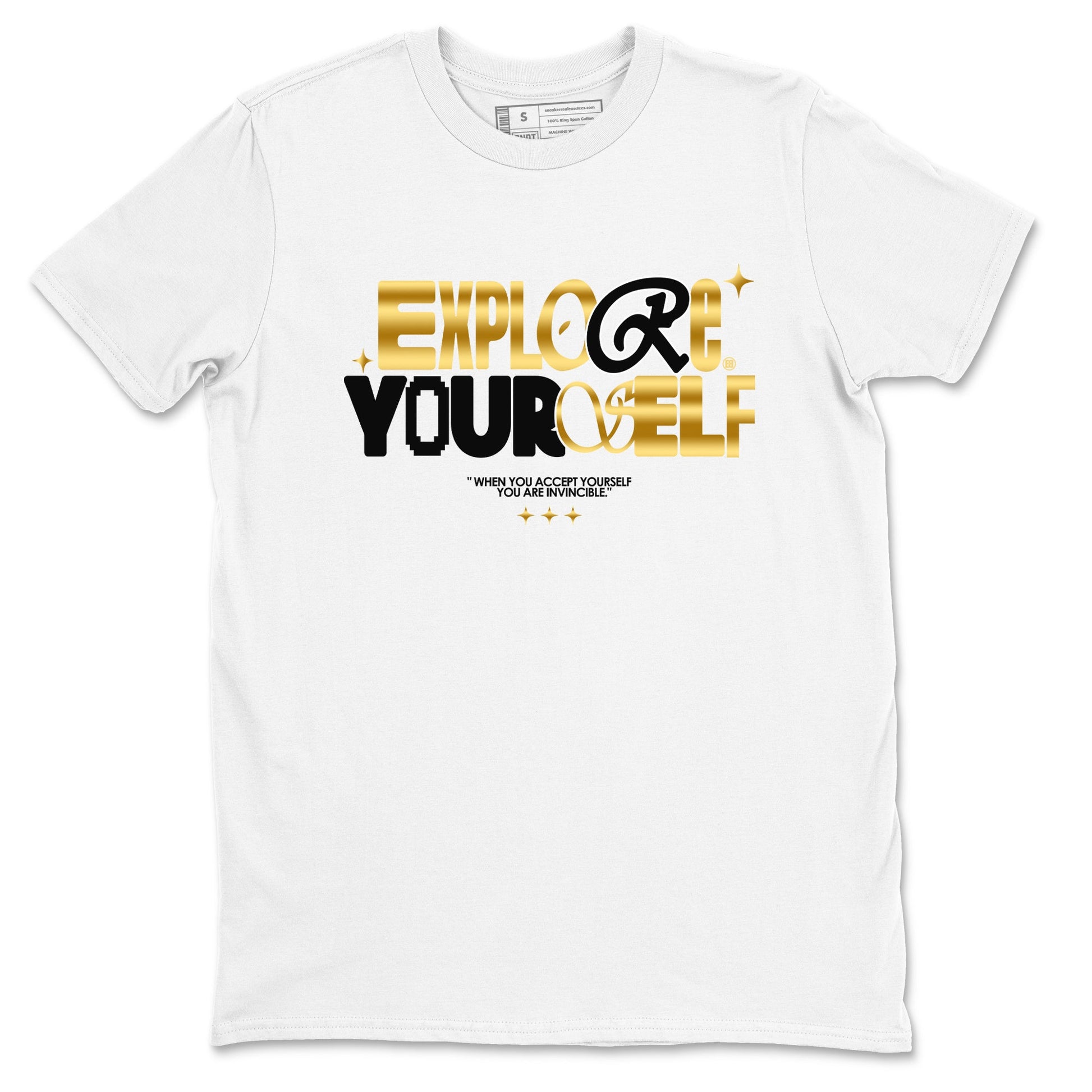 Air Jordan 1 High OG Black Metallic Gold shirts to match jordans Explore Yourself sneaker match tees Air Jordan 1 Retrp Black Metallic Gold Sneaker Shirts SNRT Sneaker Tees streetwear brand White 2 unisex cotton tee