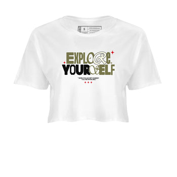 AJ1 Travis Scott Medium Olive shirts to match jordans Explore Yourself sneaker match tees Air Jordan 1 Travis Scott Medium Olive SNRT Sneaker Tees streetwear brand White 2 crop tee