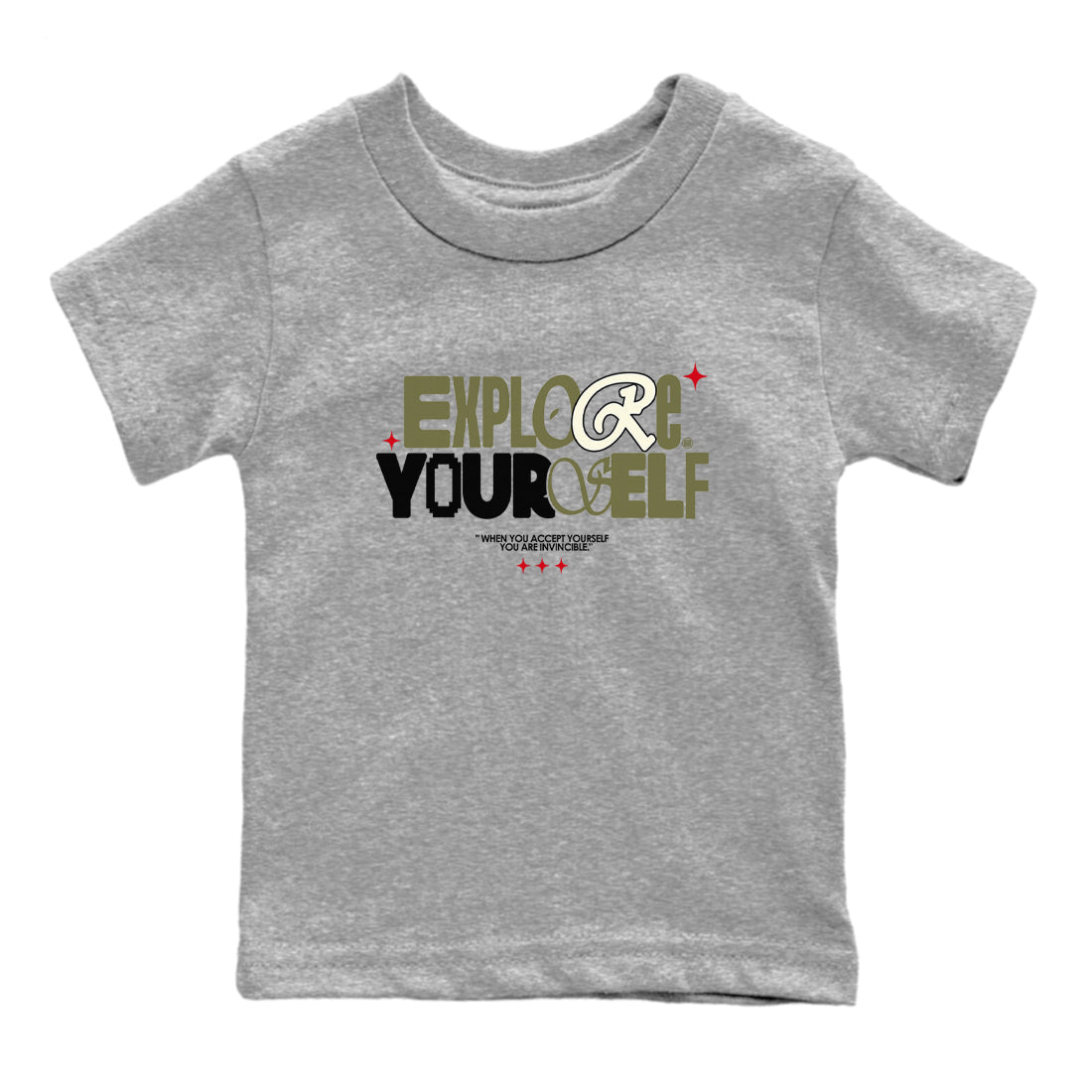 AJ1 Travis Scott Medium Olive shirts to match jordans Explore Yourself sneaker match tees Air Jordan 1 Travis Scott Medium Olive SNRT Sneaker Tees streetwear brand Baby and Youth Heather Grey 2 cotton tee