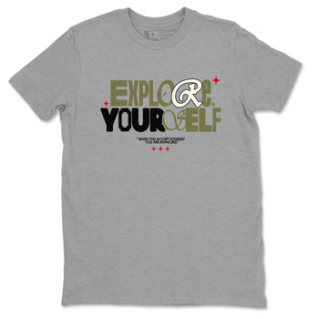 AJ1 Travis Scott Medium Olive shirts to match jordans Explore Yourself sneaker match tees Air Jordan 1 Travis Scott Medium Olive SNRT Sneaker Tees streetwear brand Heather Grey 2 unisex cotton tee