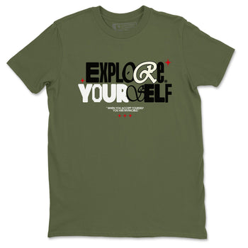 AJ1 Travis Scott Medium Olive shirts to match jordans Explore Yourself sneaker match tees Air Jordan 1 Travis Scott Medium Olive SNRT Sneaker Tees streetwear brand Military Green 2 unisex cotton tee