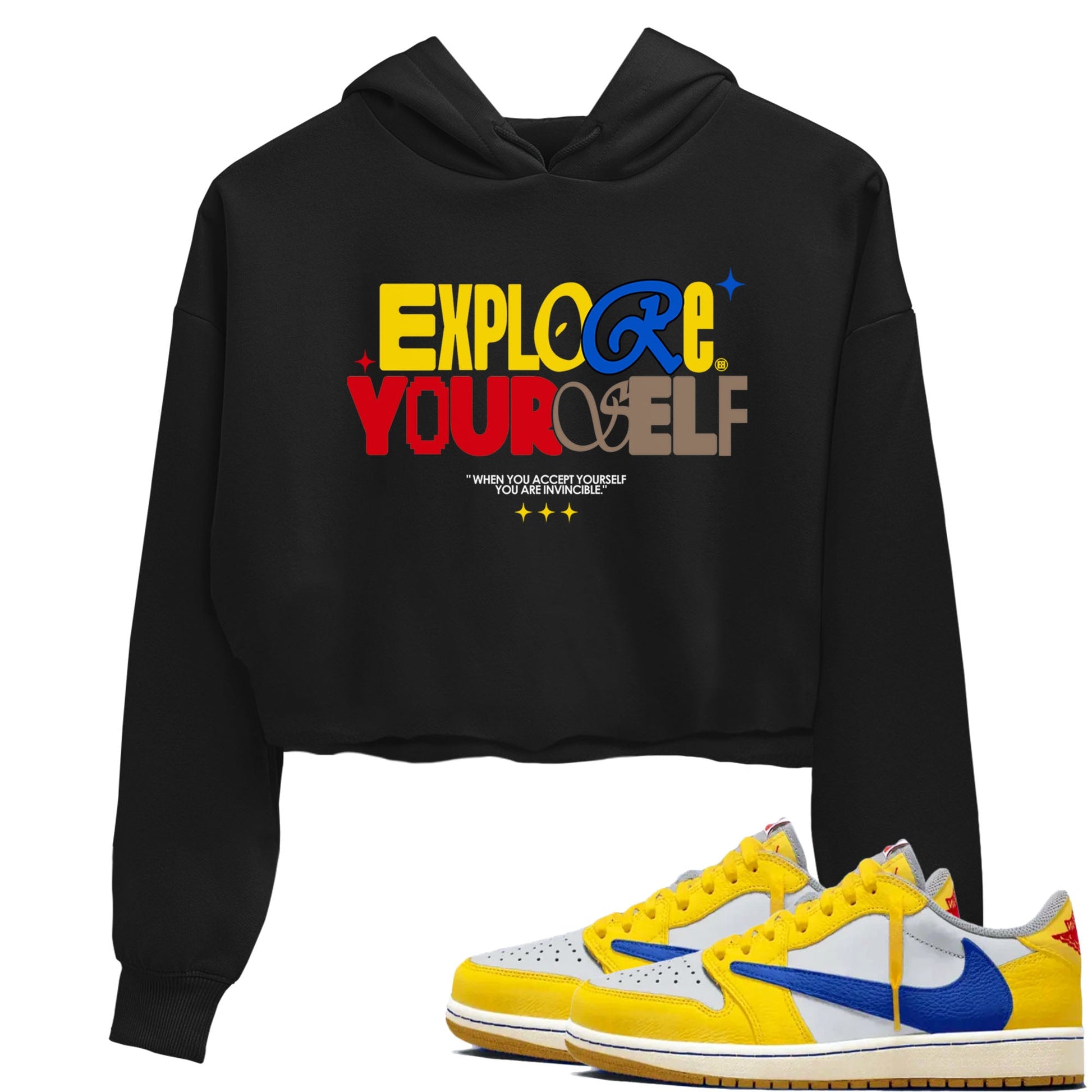 Air Jordan 1 Low Travis Scott Canary shirts to match jordans Explore Yourself sneaker match tees AJ1 Travis Scott Canary SNRT Sneaker Release Tees Black 1 crop length shirt