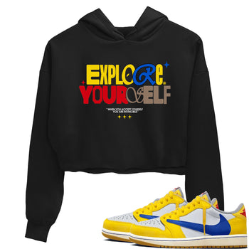 Air Jordan 1 Low Travis Scott Canary shirts to match jordans Explore Yourself sneaker match tees AJ1 Travis Scott Canary SNRT Sneaker Release Tees Black 1 crop length shirt