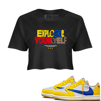Air Jordan 1 Low Travis Scott Canary shirts to match jordans Explore Yourself sneaker match tees AJ1 Travis Scott Canary SNRT Sneaker Release Tees Black 1 crop length shirt
