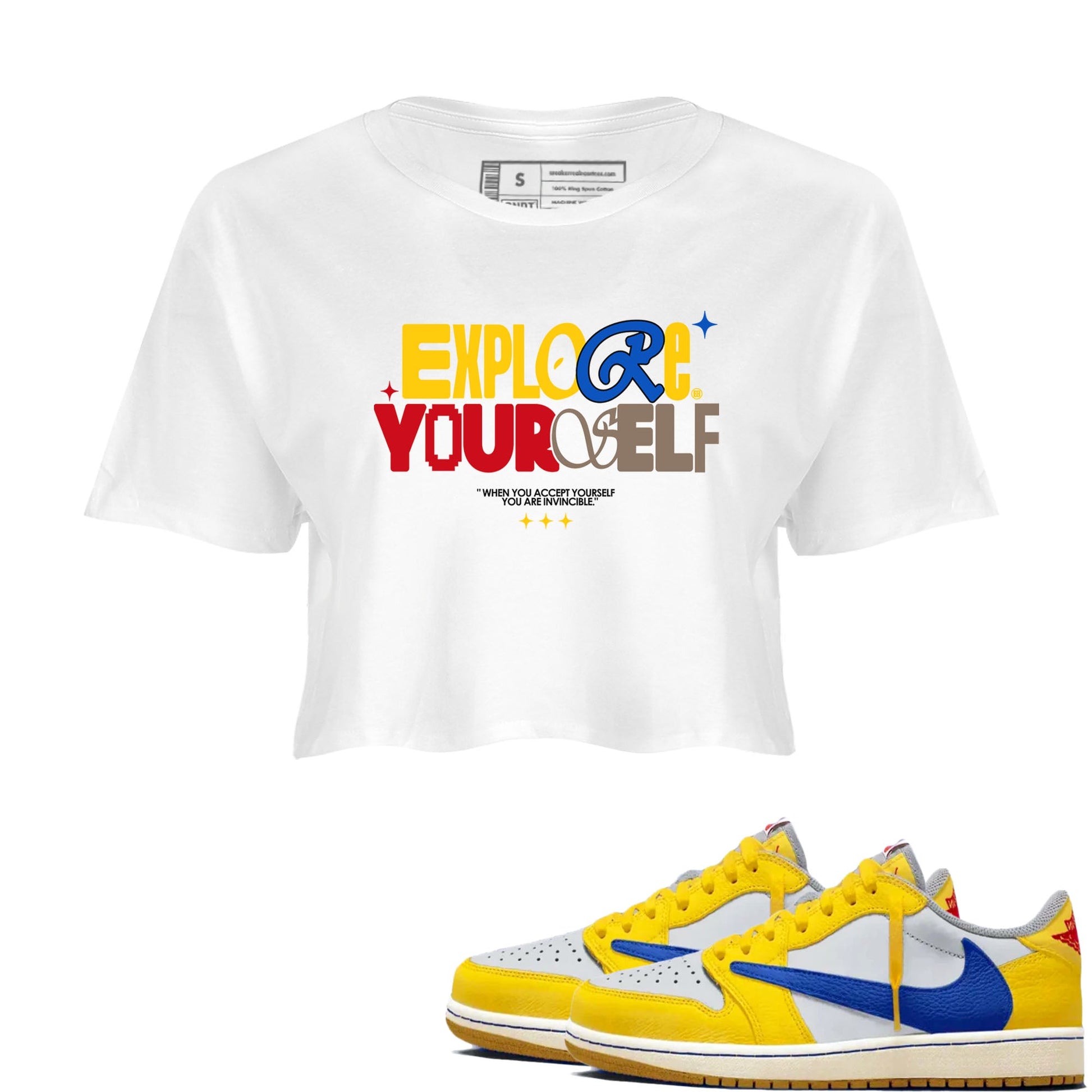 Air Jordan 1 Low Travis Scott Canary shirts to match jordans Explore Yourself sneaker match tees AJ1 Travis Scott Canary SNRT Sneaker Release Tees White 1 crop length shirt