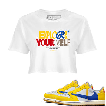 Air Jordan 1 Low Travis Scott Canary shirts to match jordans Explore Yourself sneaker match tees AJ1 Travis Scott Canary SNRT Sneaker Release Tees White 1 crop length shirt