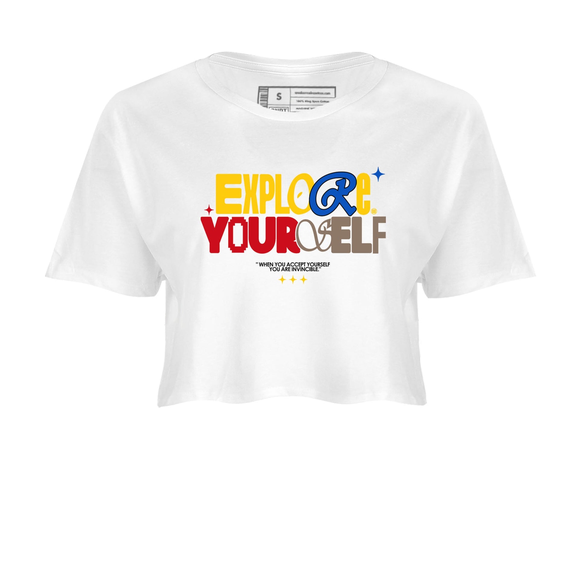Air Jordan 1 Low Travis Scott Canary shirts to match jordans Explore Yourself sneaker match tees AJ1 Travis Scott Canary SNRT Sneaker Release Tees White 2 crop length shirt