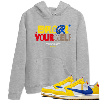 Air Jordan 1 Low Travis Scott Canary shirts to match jordans Explore Yourself sneaker match tees AJ1 Travis Scott Canary SNRT Sneaker Release Tees unisex cotton Heather Grey 1 crew neck shirt